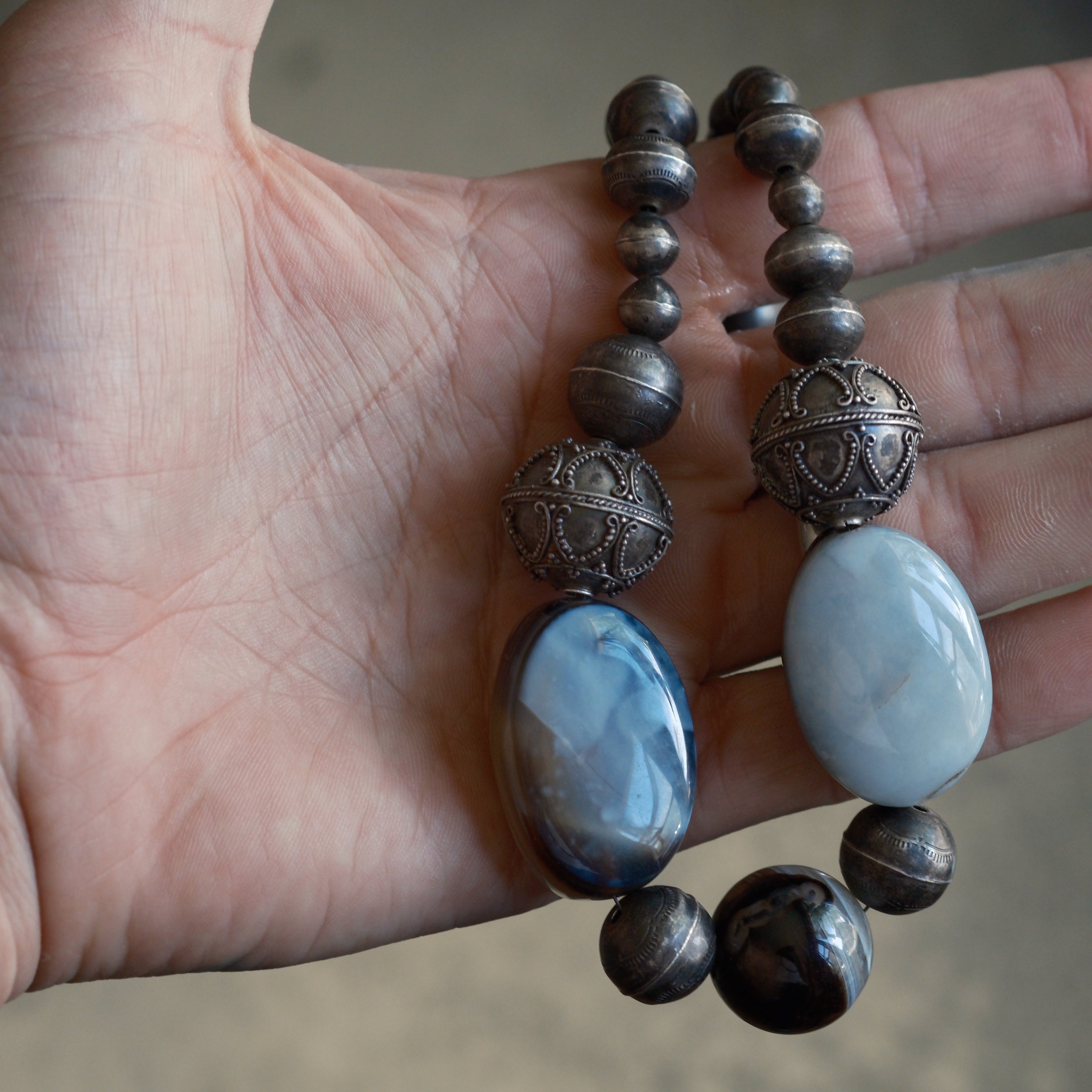Vintage Sterling Navajo Pearl and Agate Stones Necklace 20"