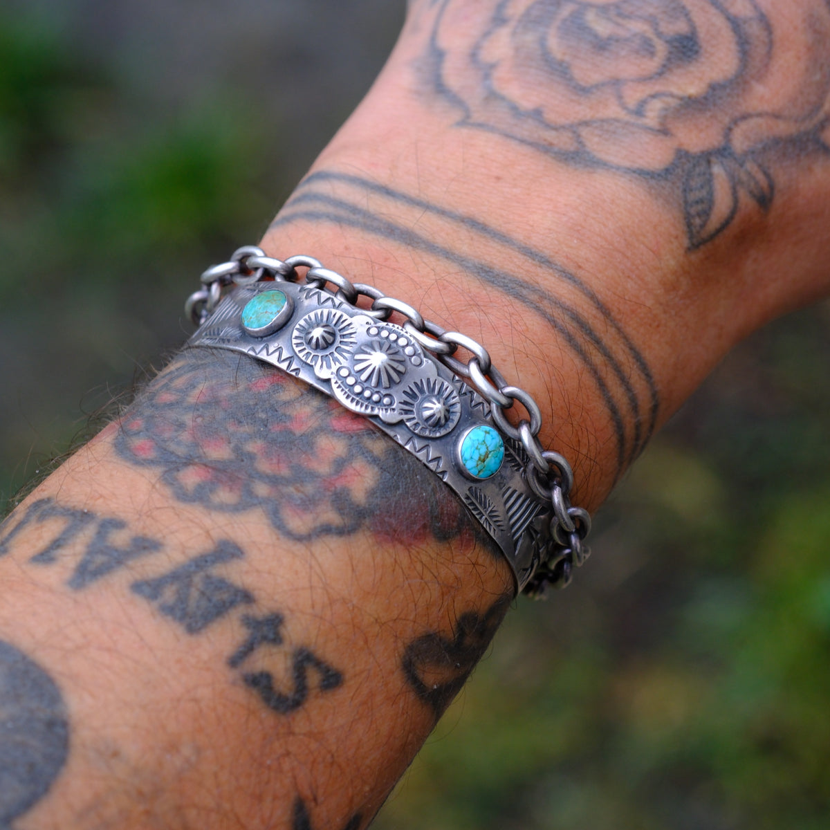 Vintage Sterling Turquoise Stamped Cuff Bracelet