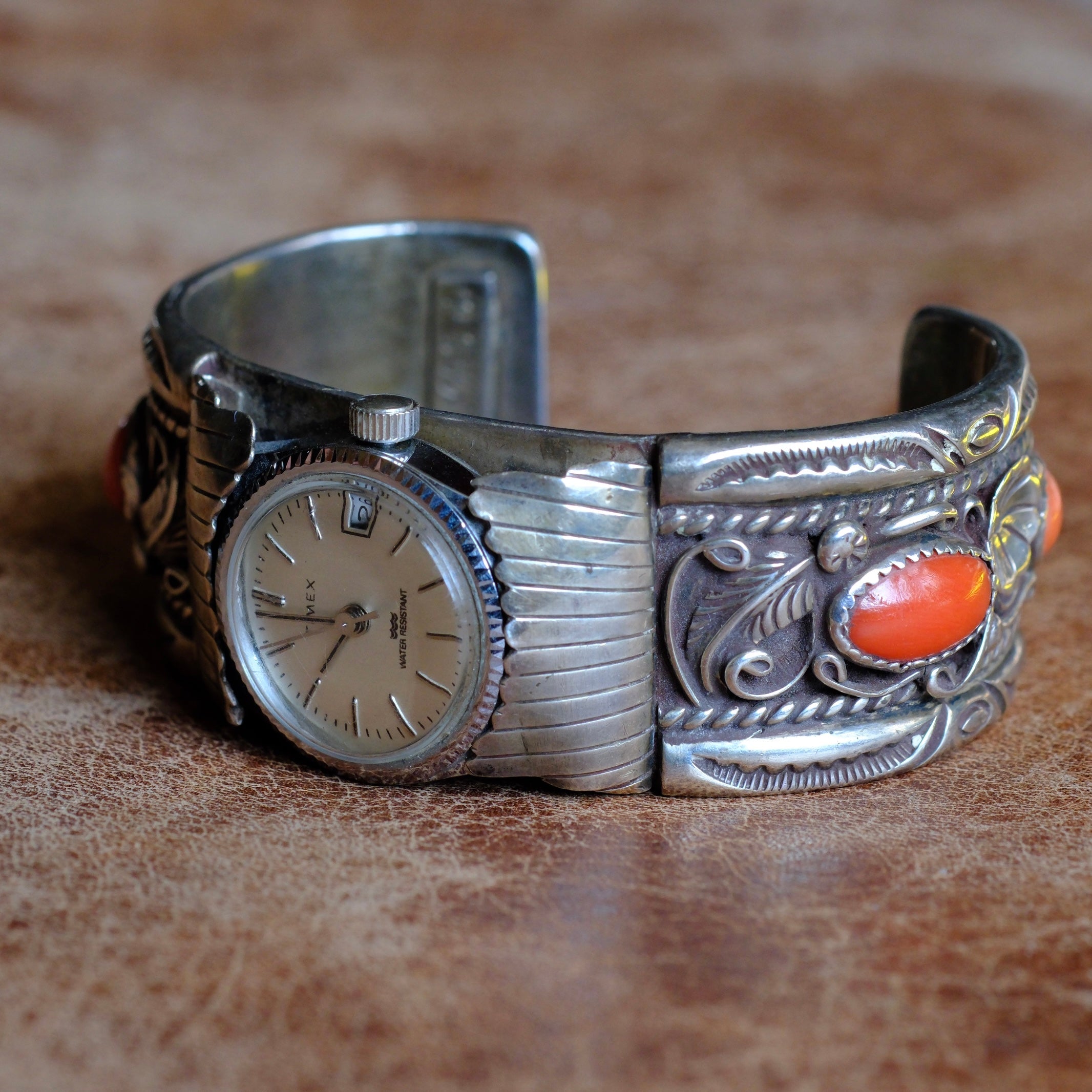 Vintage Sterling Coral Watch Cuff Bracelet