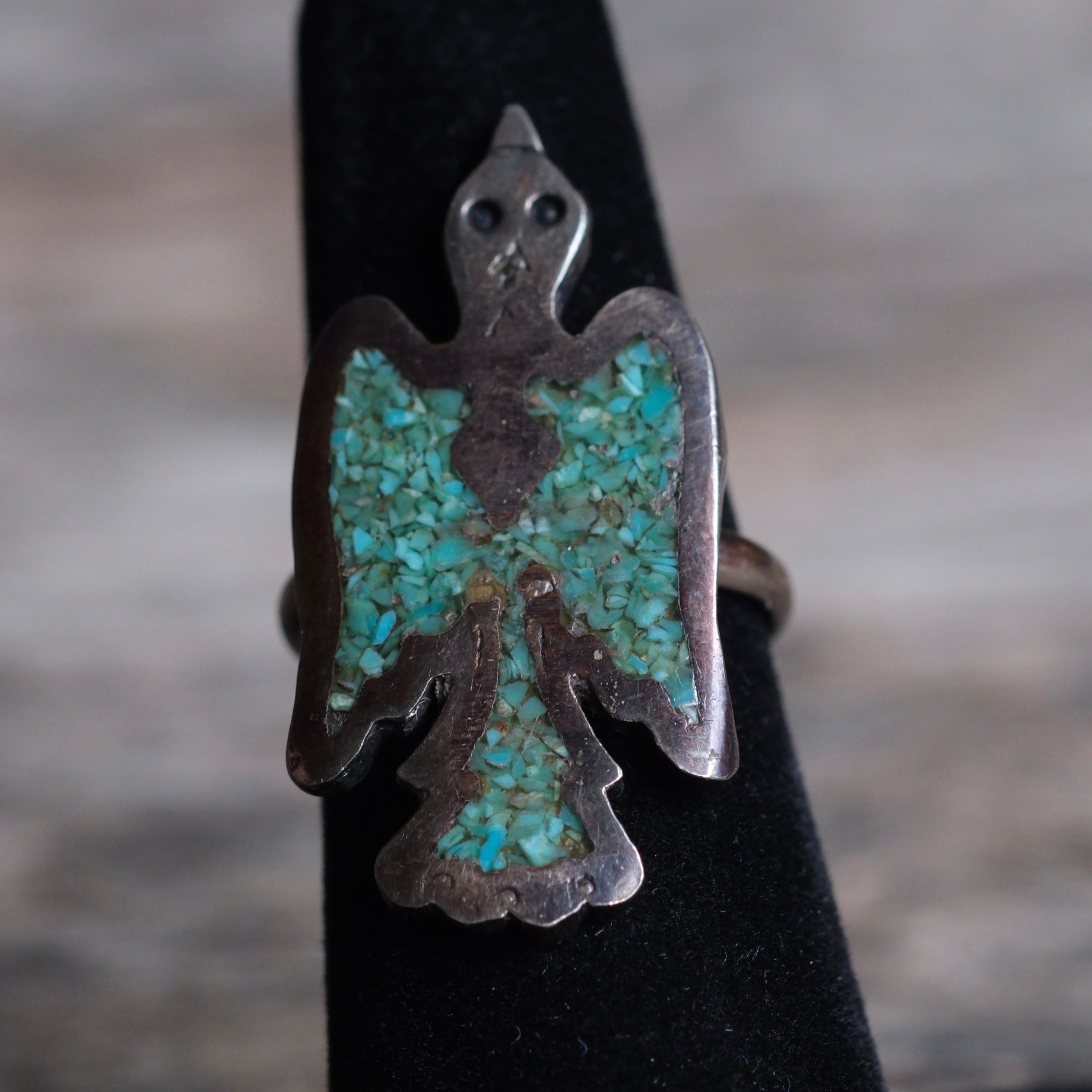 Vintage Sterling Crushed Turquoise Thunderbird Ring 5.5