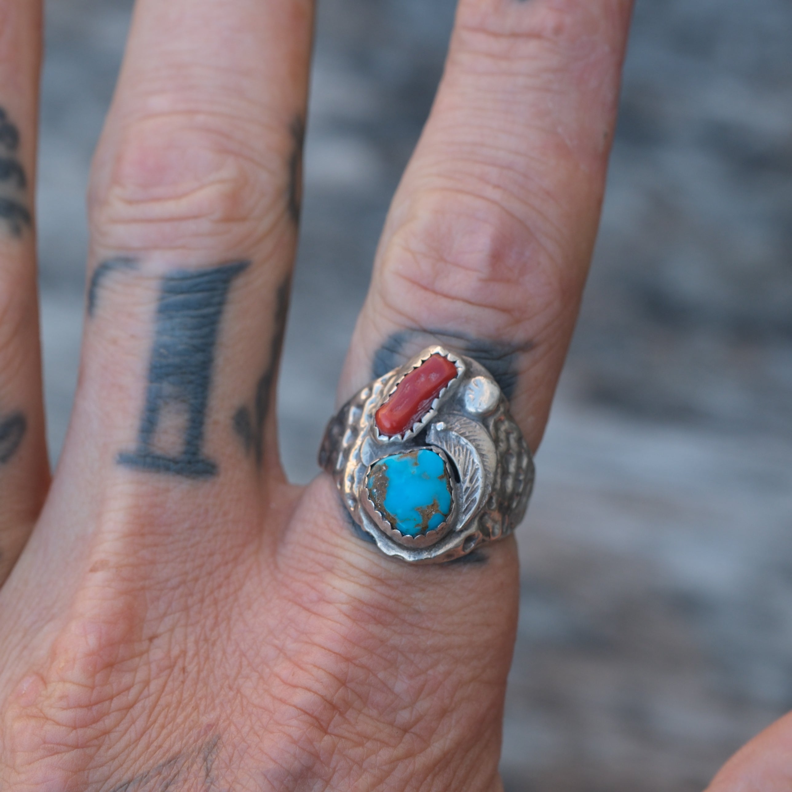 Vintage Sterling Turquoise and Coral Feather Ring 8.5