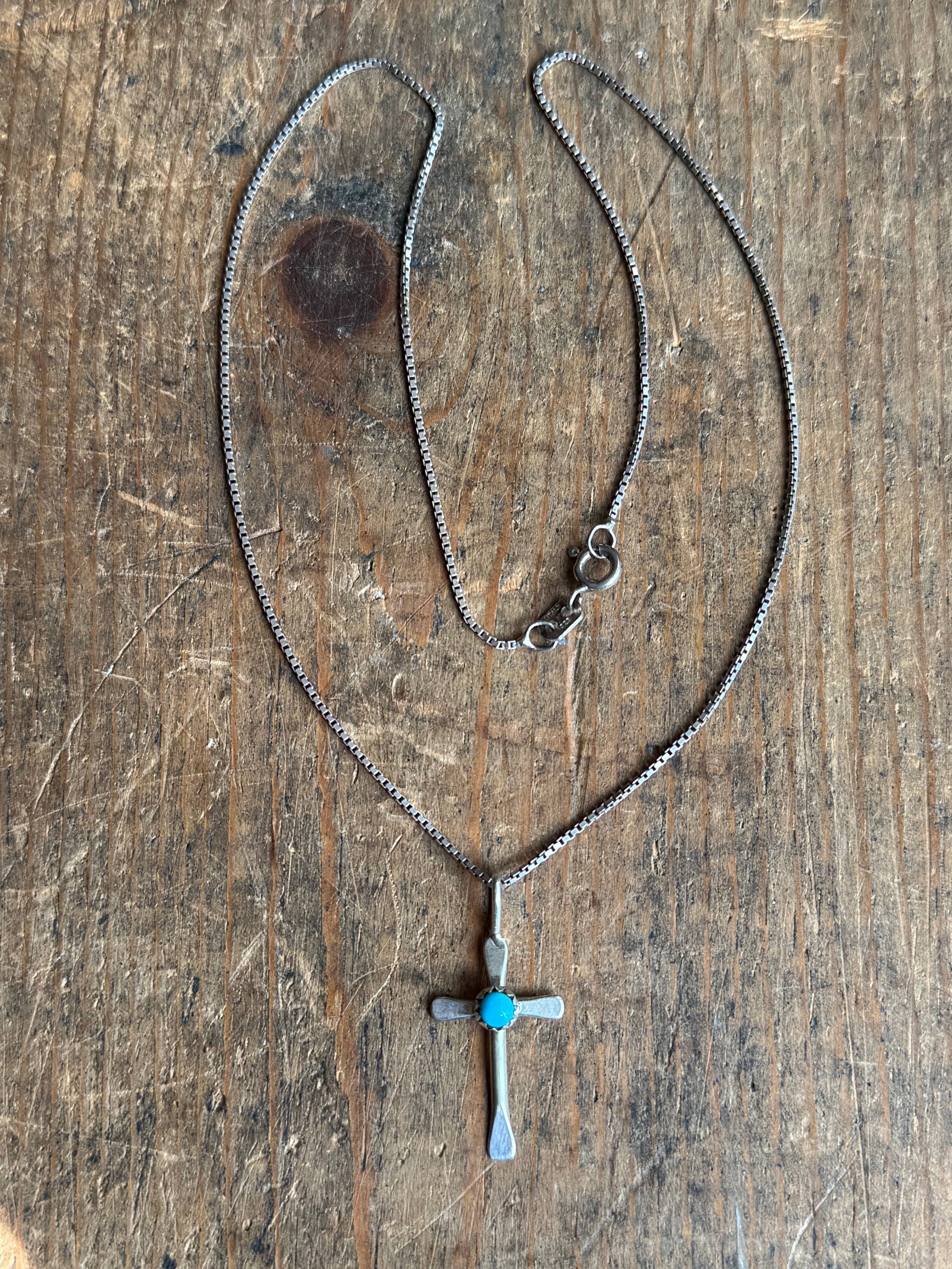 Vintage Sterling Silver Turquoise Cross 16" Necklace