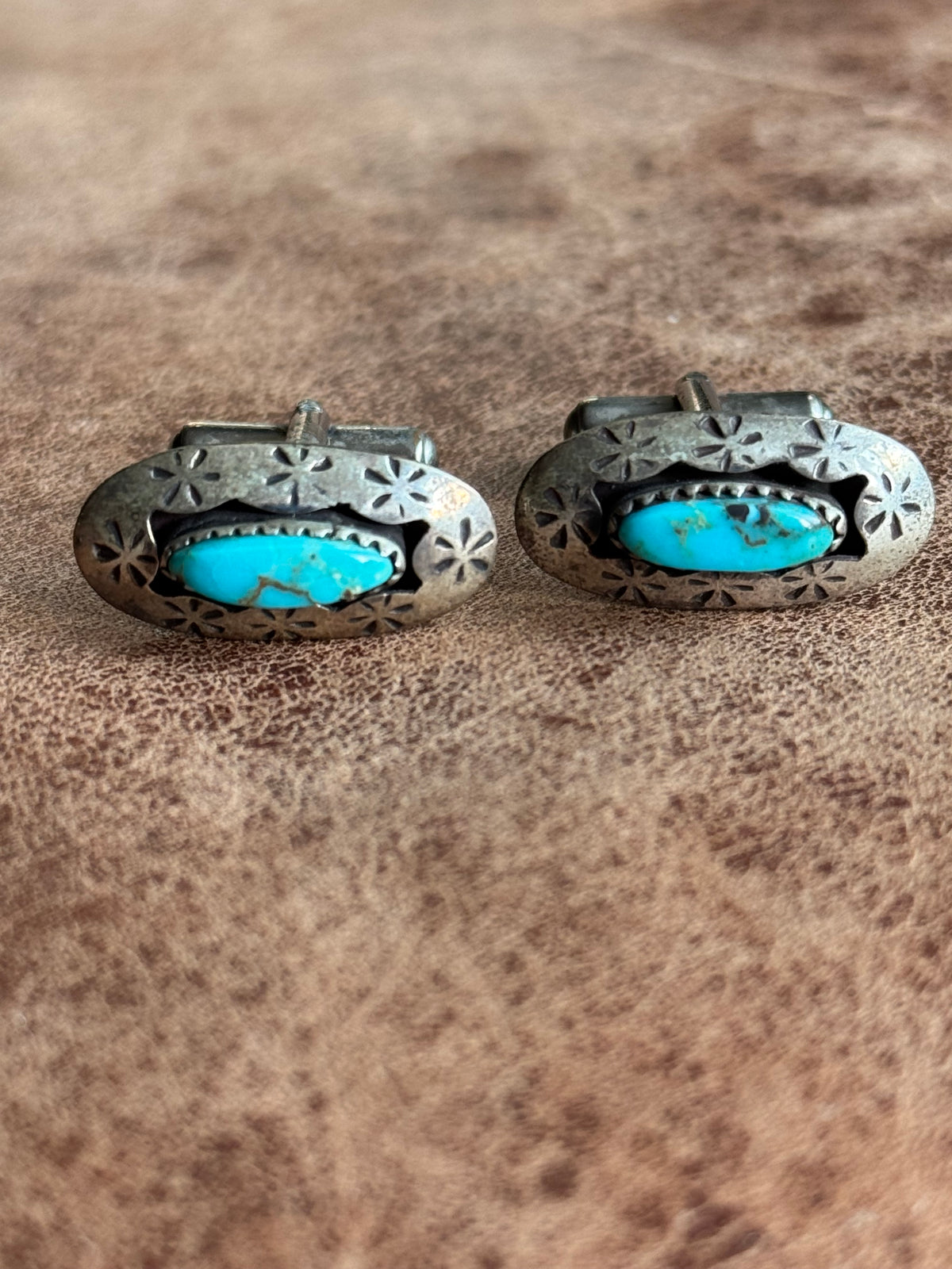 Vintage Sterling Silver Stamped Turquoise Shadowbox Cufflinks