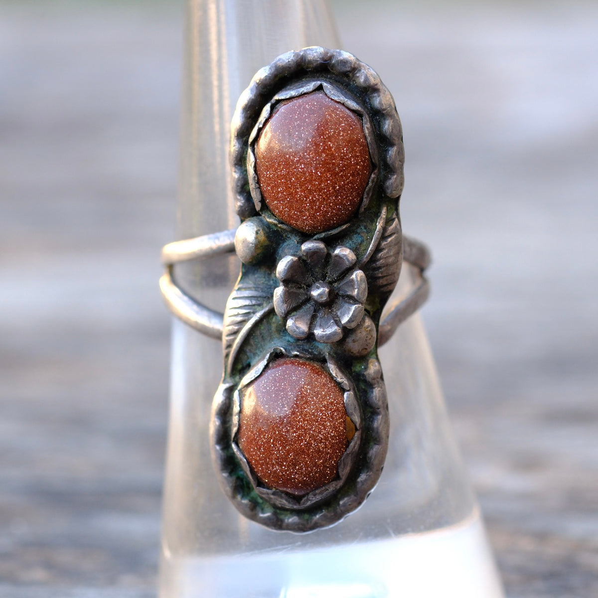Vintage Sterling 2-Stone Goldstone Blossom Ring 7.5