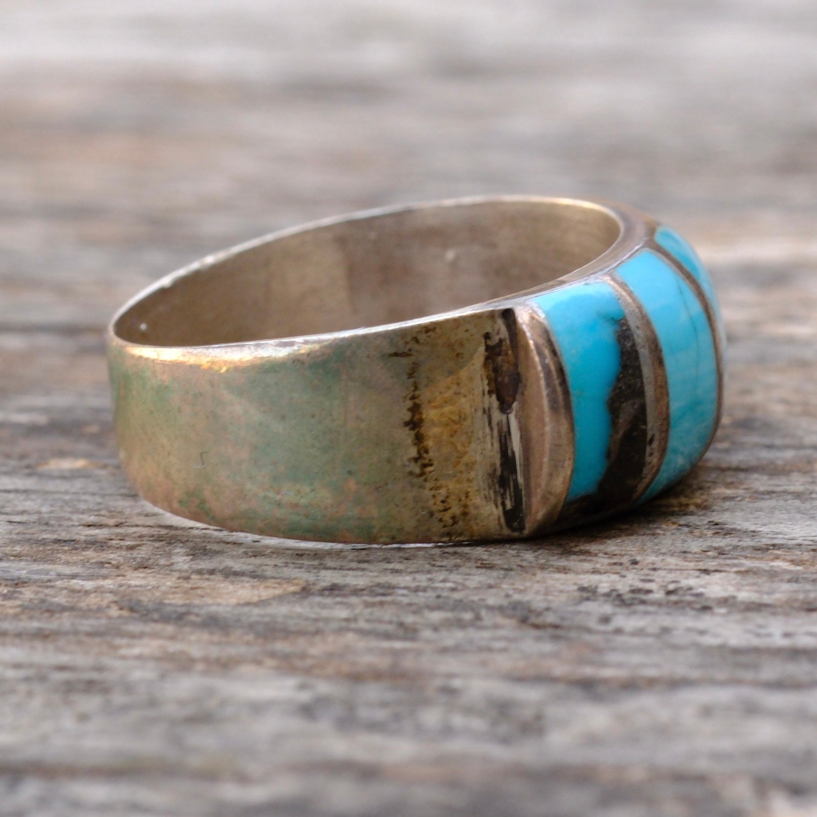 Vintage Sterling Turquoise Inlay Thick Band Ring 10.25