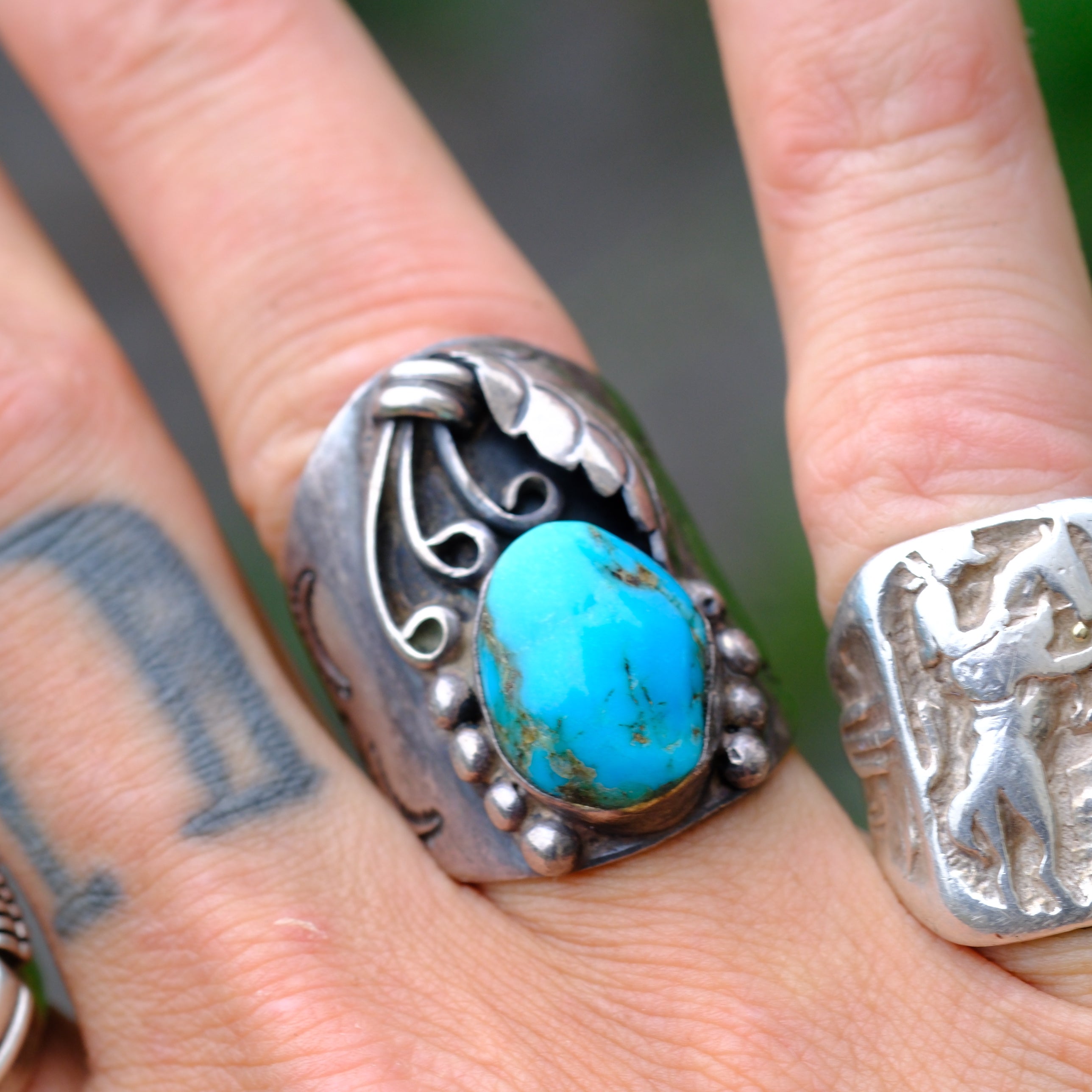 Vintage Sterling Turquoise Feather Ring 9.5