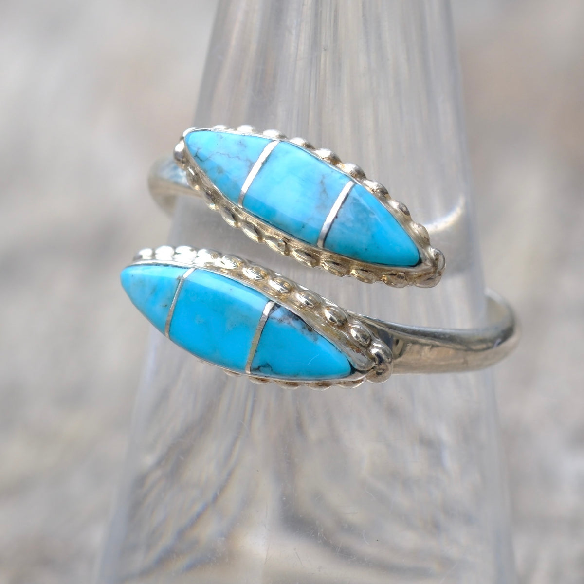 Vintage Sterling Turquoise Inlay Overpass Ring 7.5
