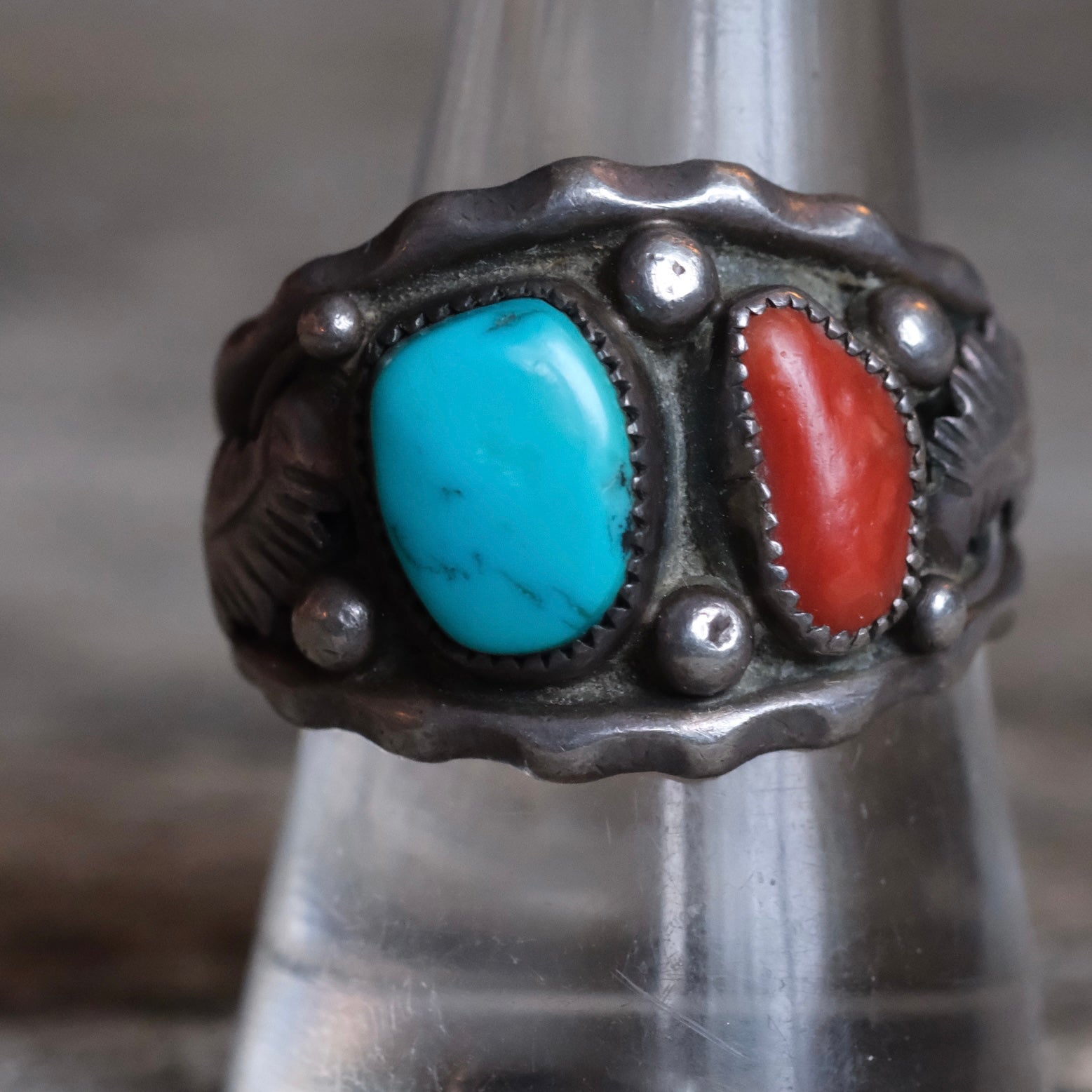 Vintage Sterling Turquoise and Coral Feather Band Ring 9.5