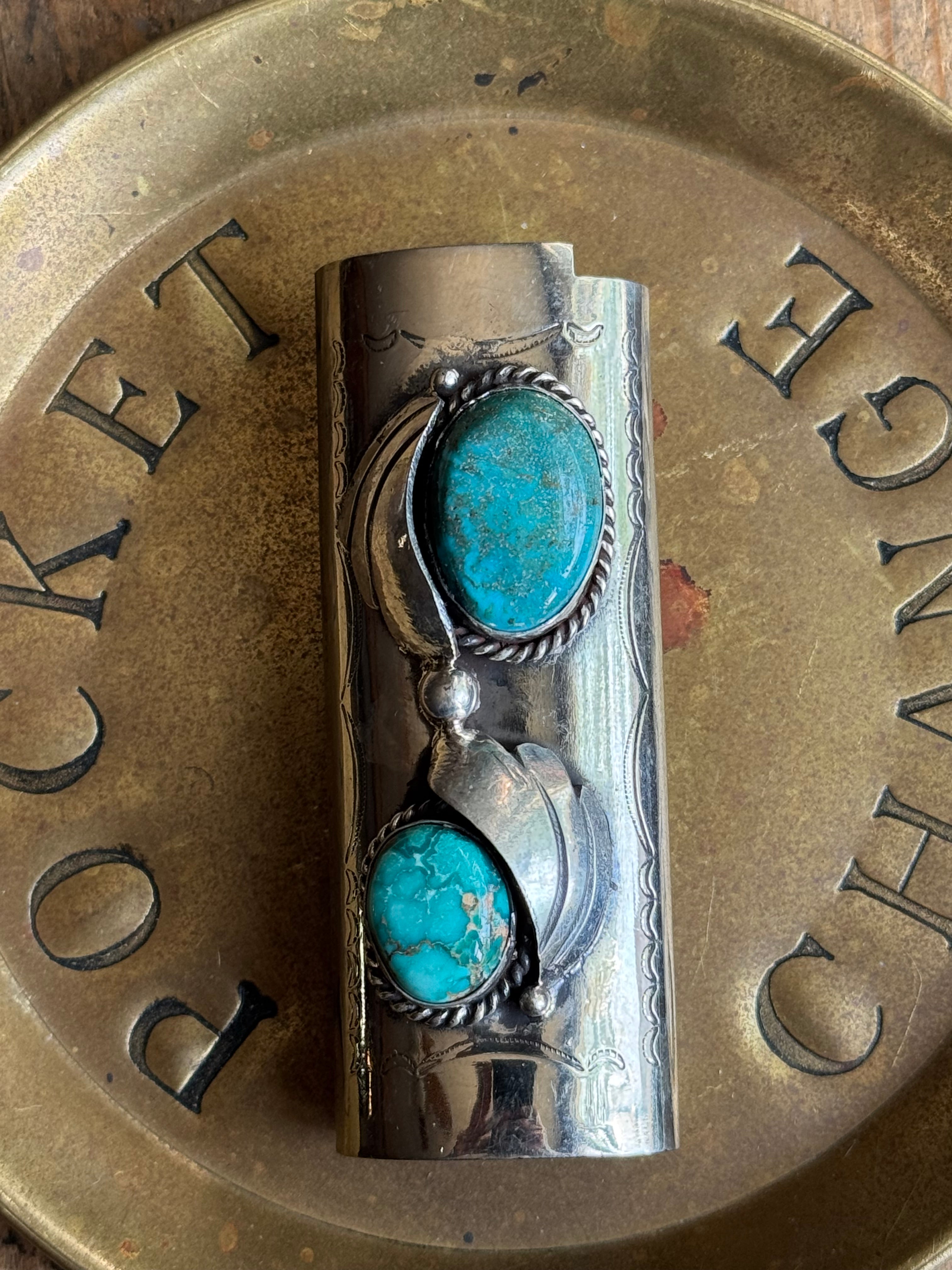 Vintage Stamped Nickel & Sterling Silver Turquoise Lighter Case