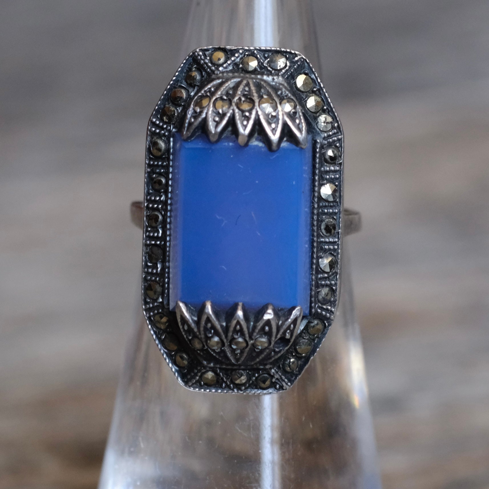 Vintage Sterling Blue Glass and Marcasite Deco Ring 4.75