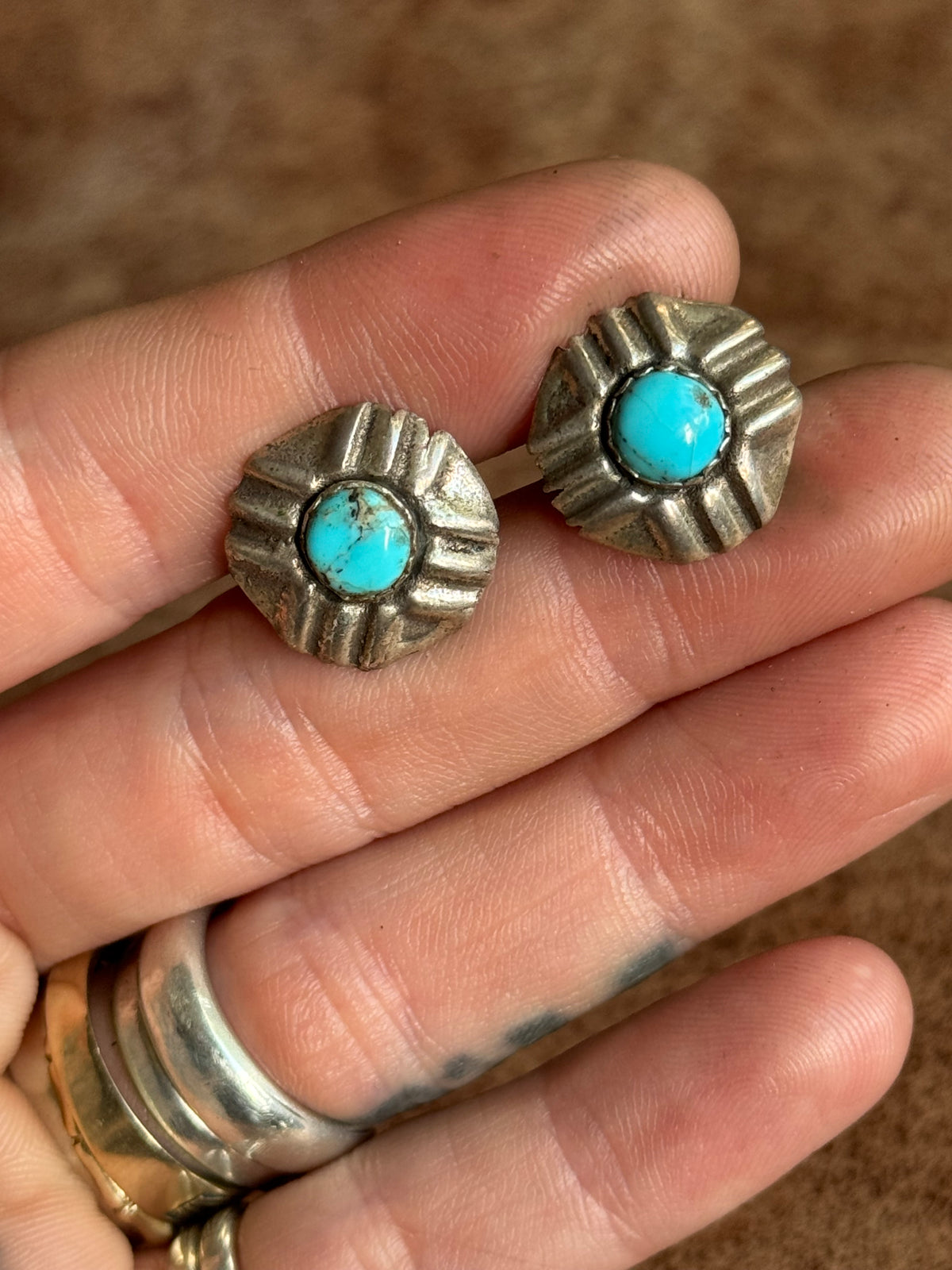 Vintage Sterling Silver Turquoise Concho Cufflinks