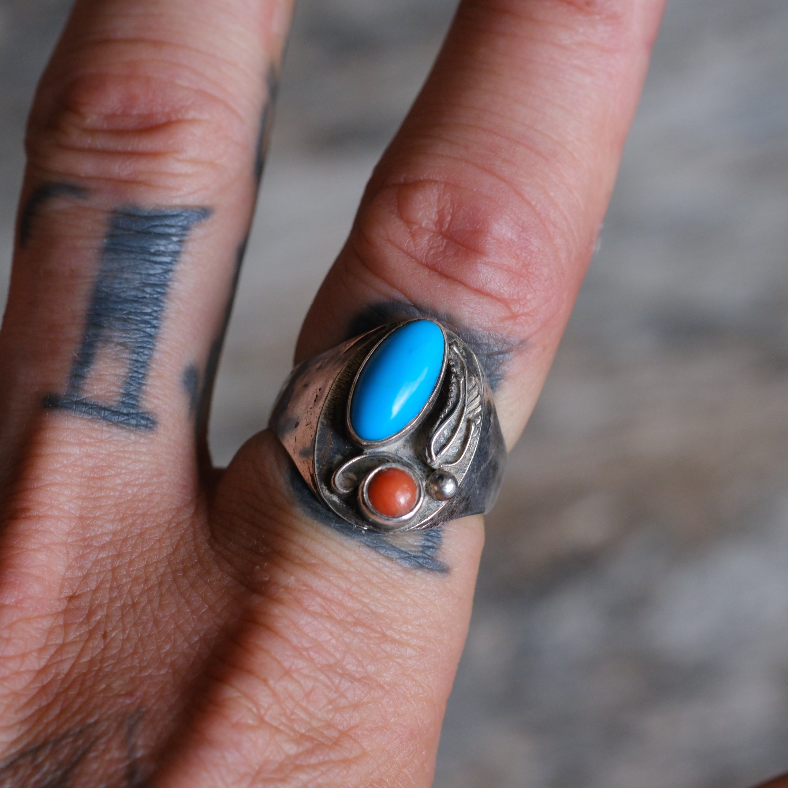 Vintage Sterling Turquoise and Coral Feather Ring 8.75
