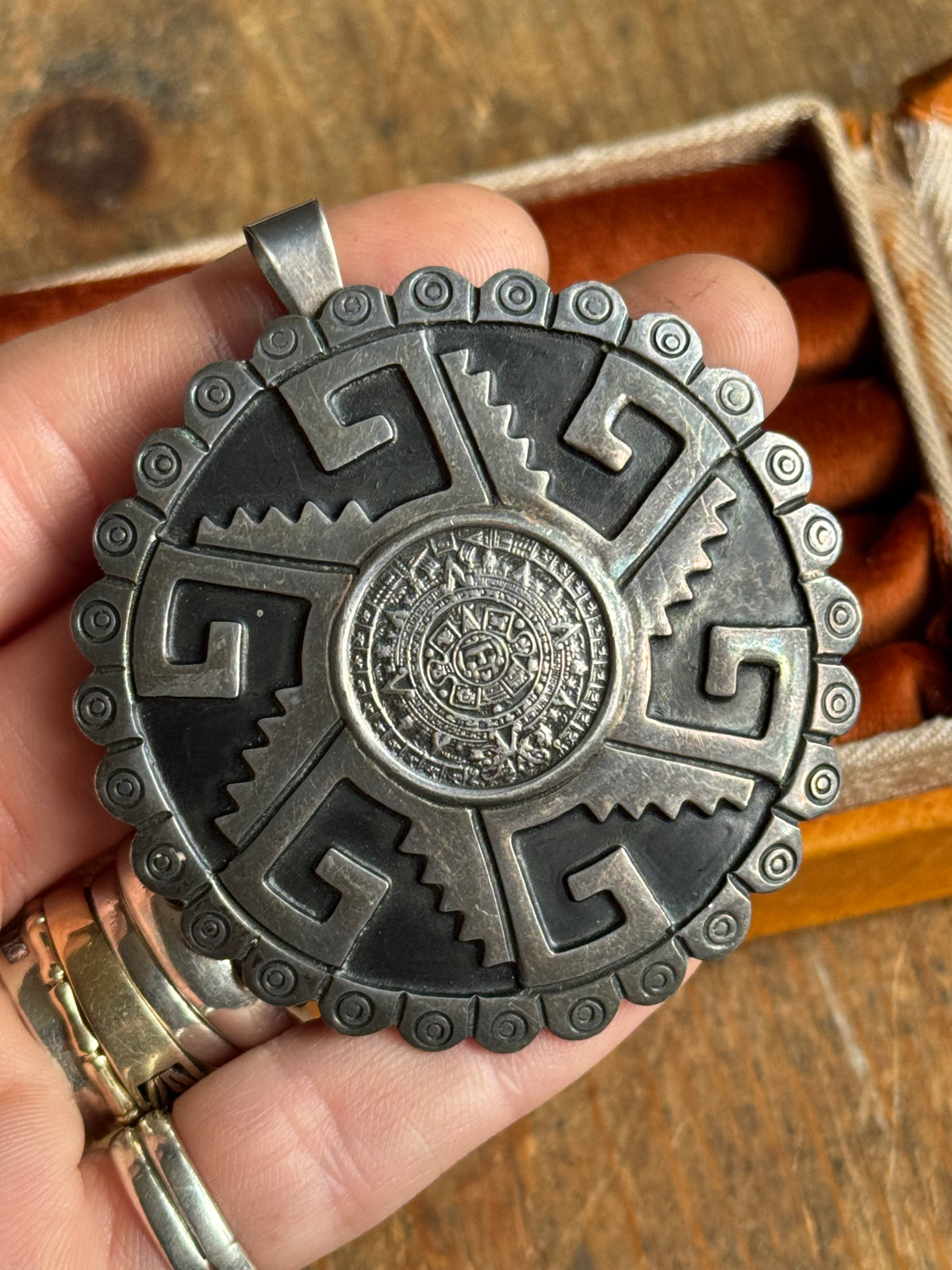 Vintage Sterling Silver Aztec Calendar Pendant Pin