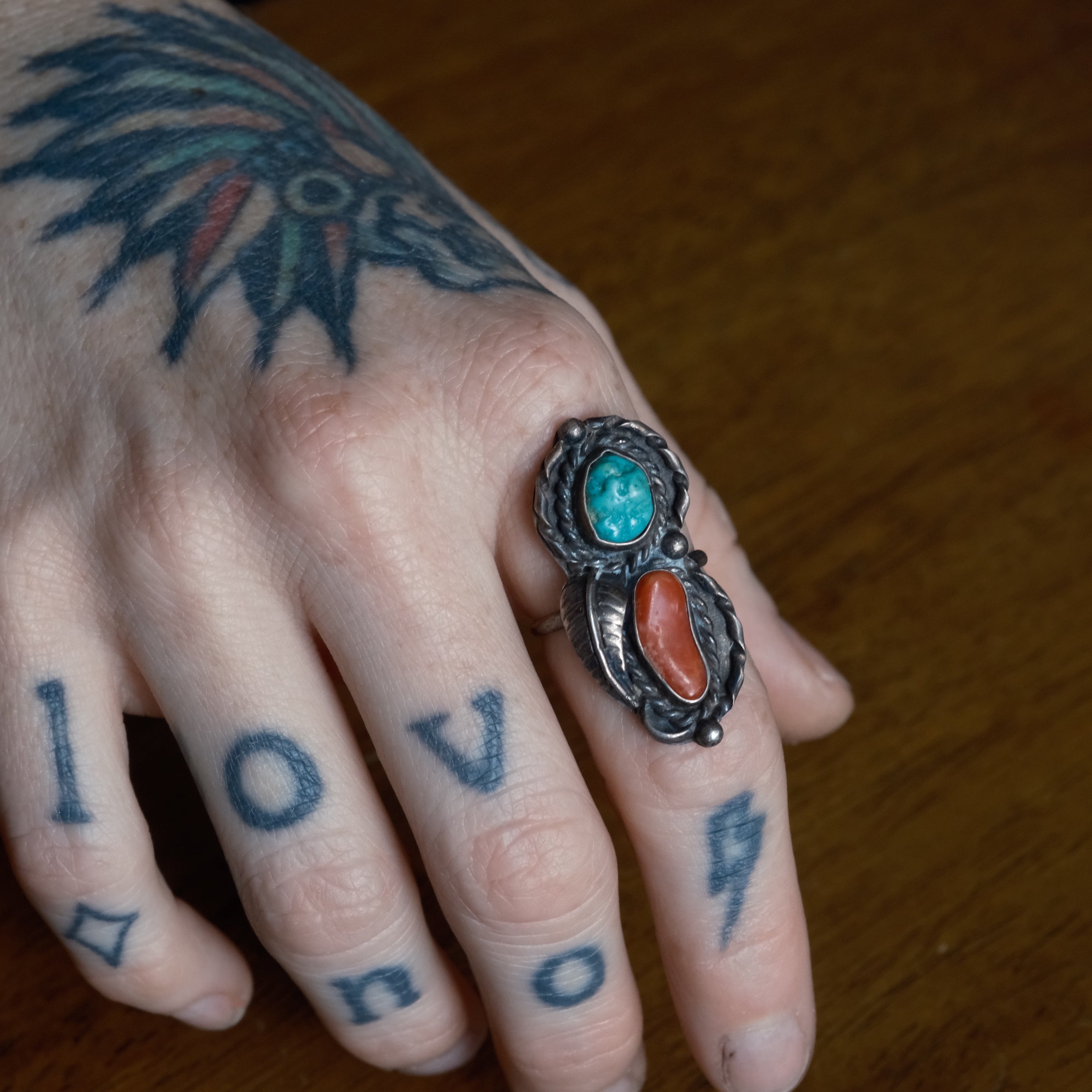 Vintage Sterling Turquoise and Coral Feather Ring 7.25