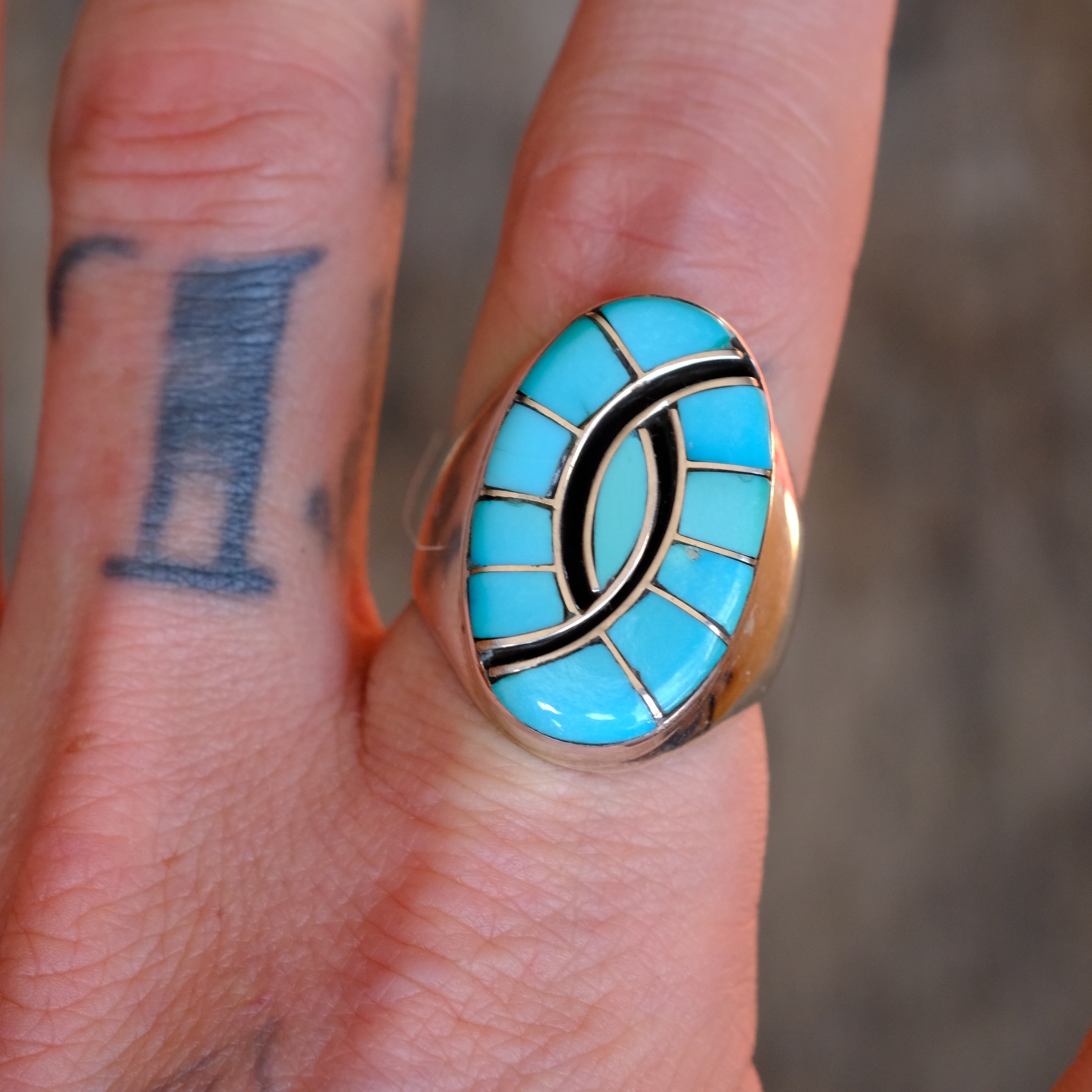 Vintage Sterling Turquoise Hummingbird Inlay Ring 10.5