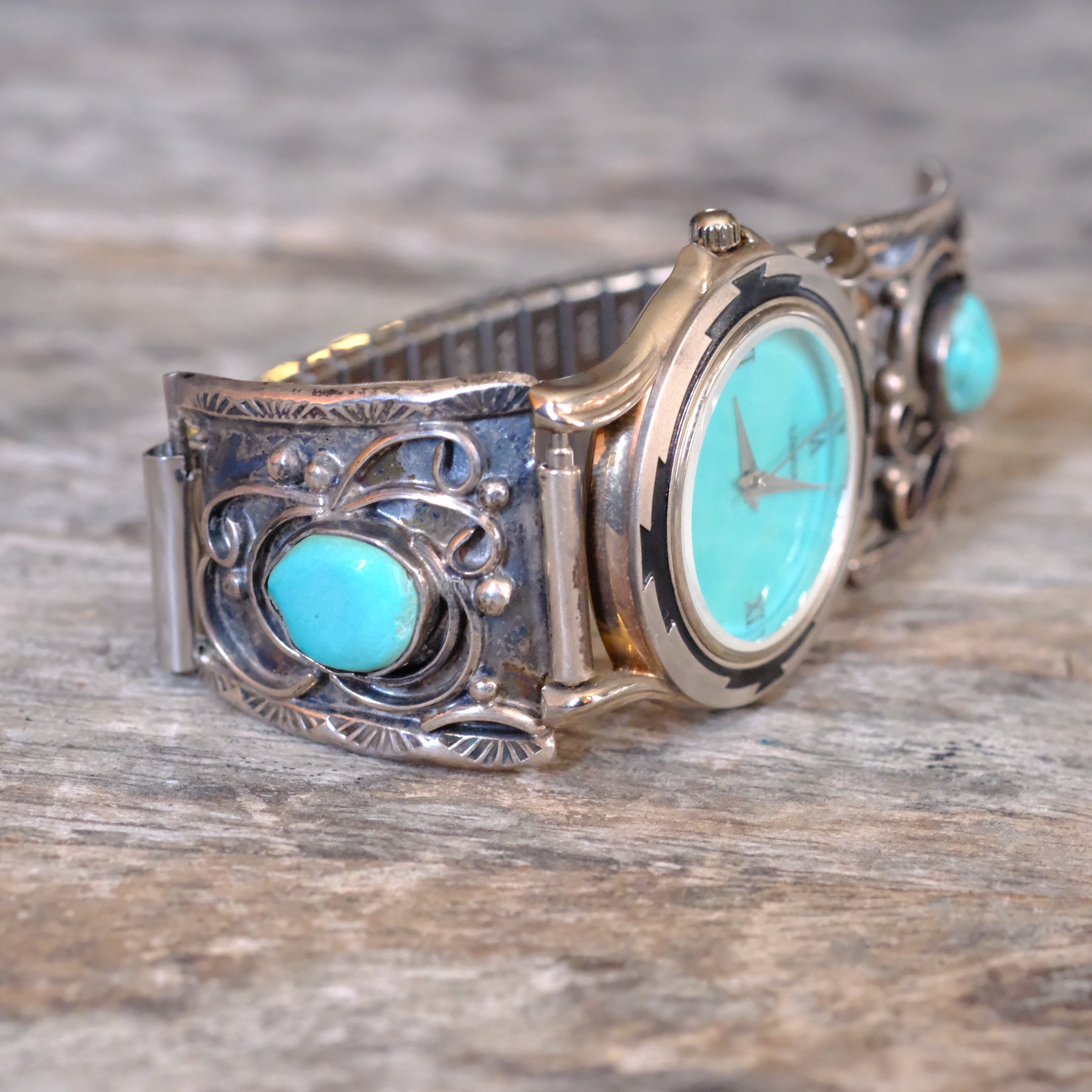 Vintage Sterling Turquoise Watch With Turquoise Dial