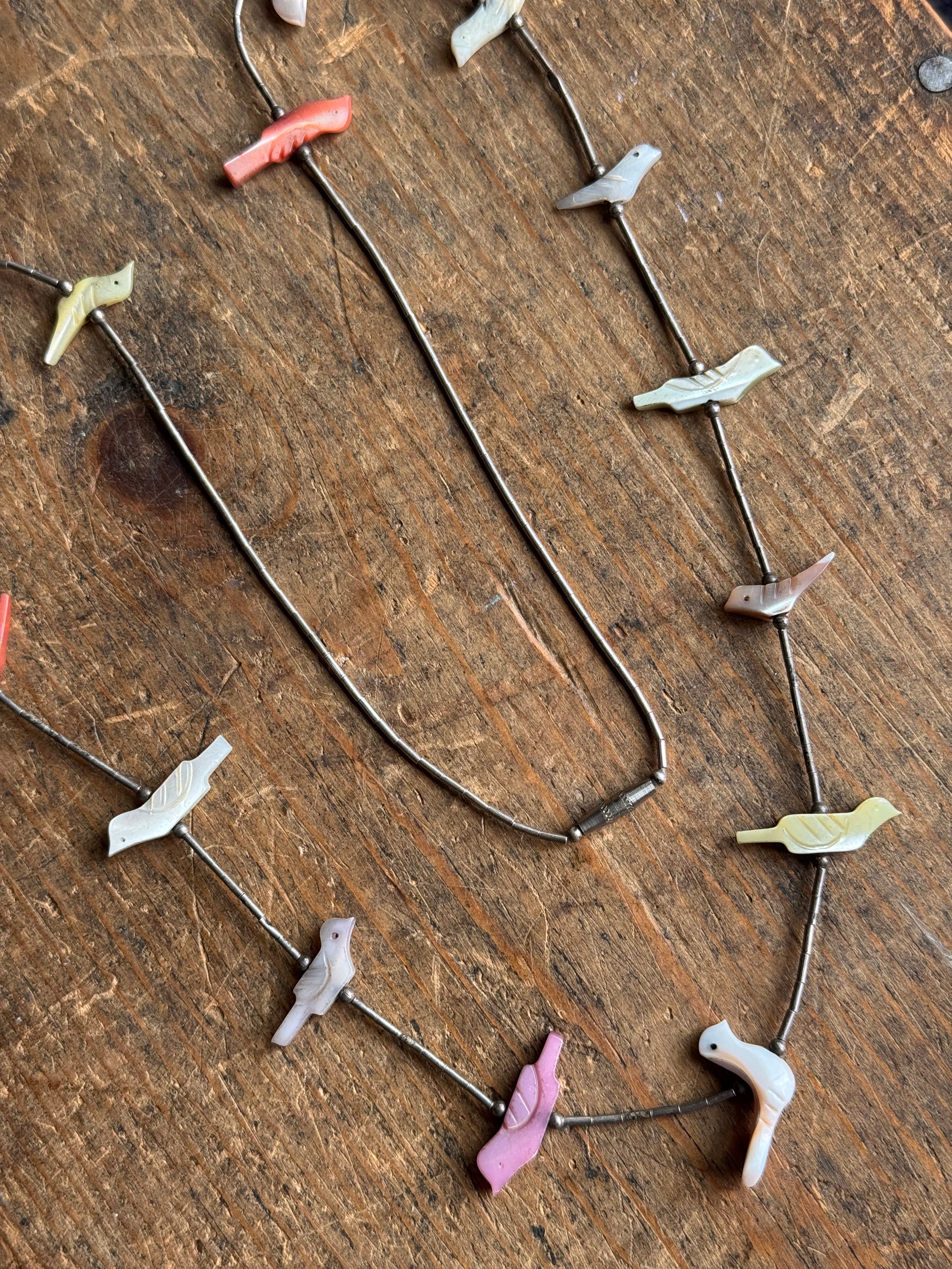 Vintage Sterling Silver Bead Multicolored Mother of Pearl Fetish Necklace