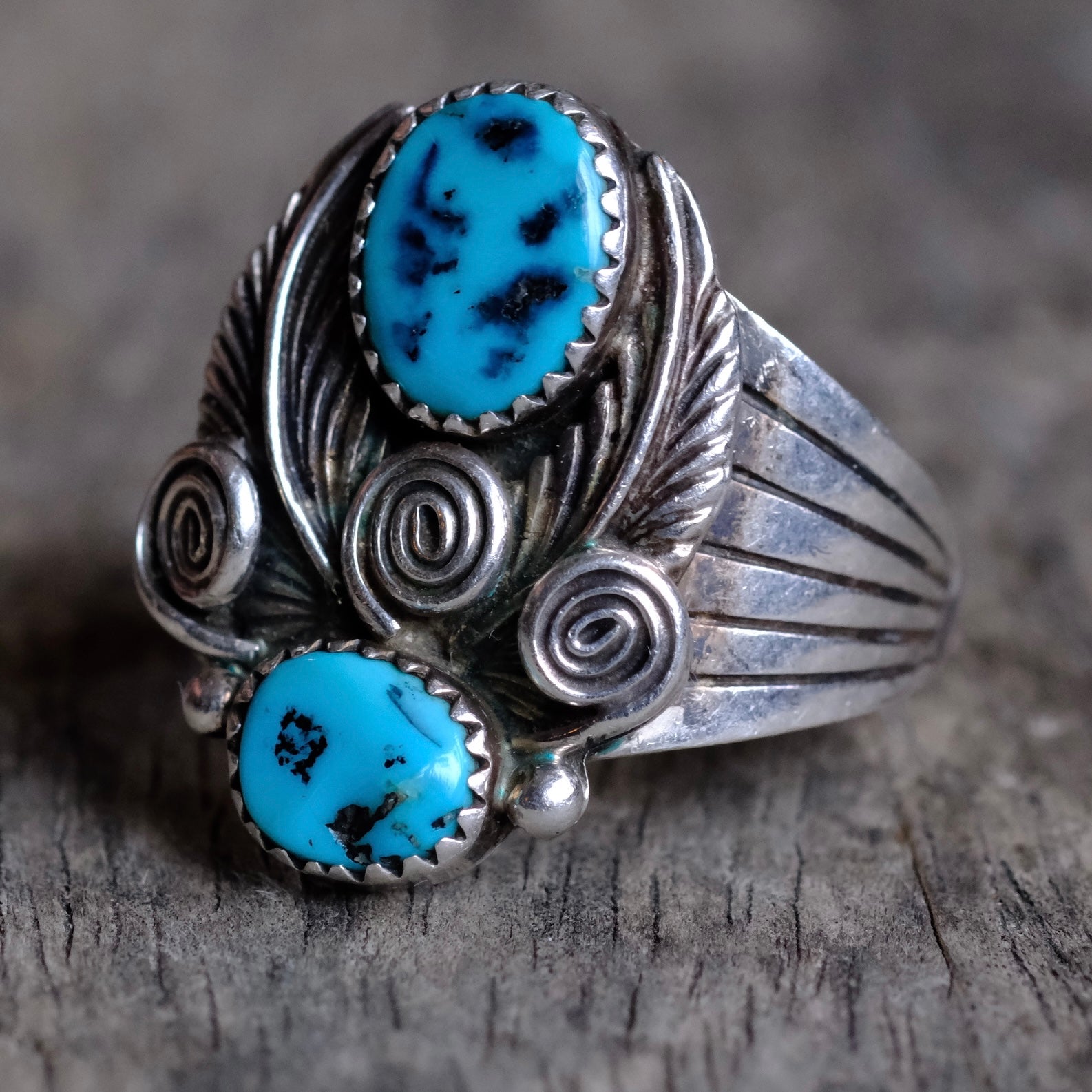 Vintage Sterling 2-Stone Turquoise Ring 10.75