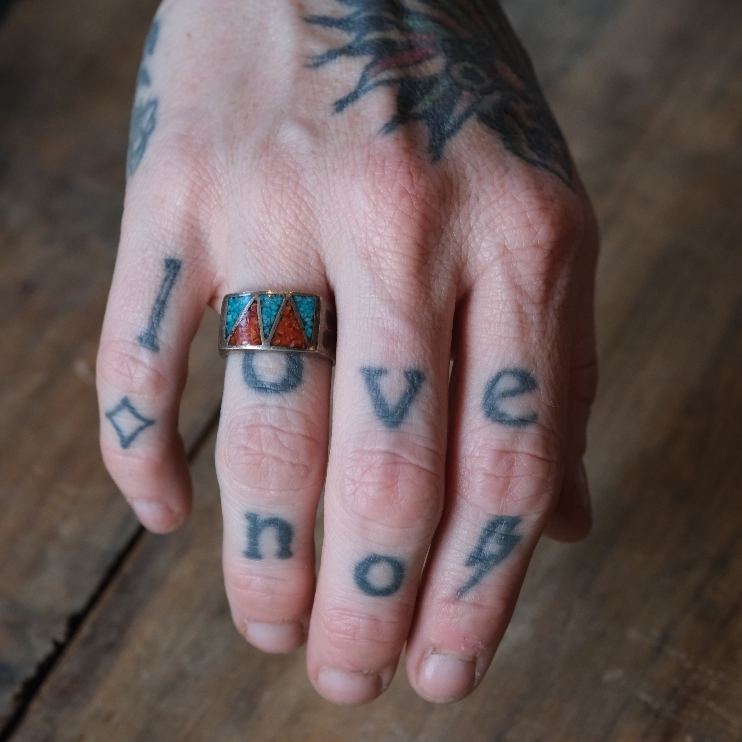 Vintage Sterling Turquoise and Coral Inlay Ring 7