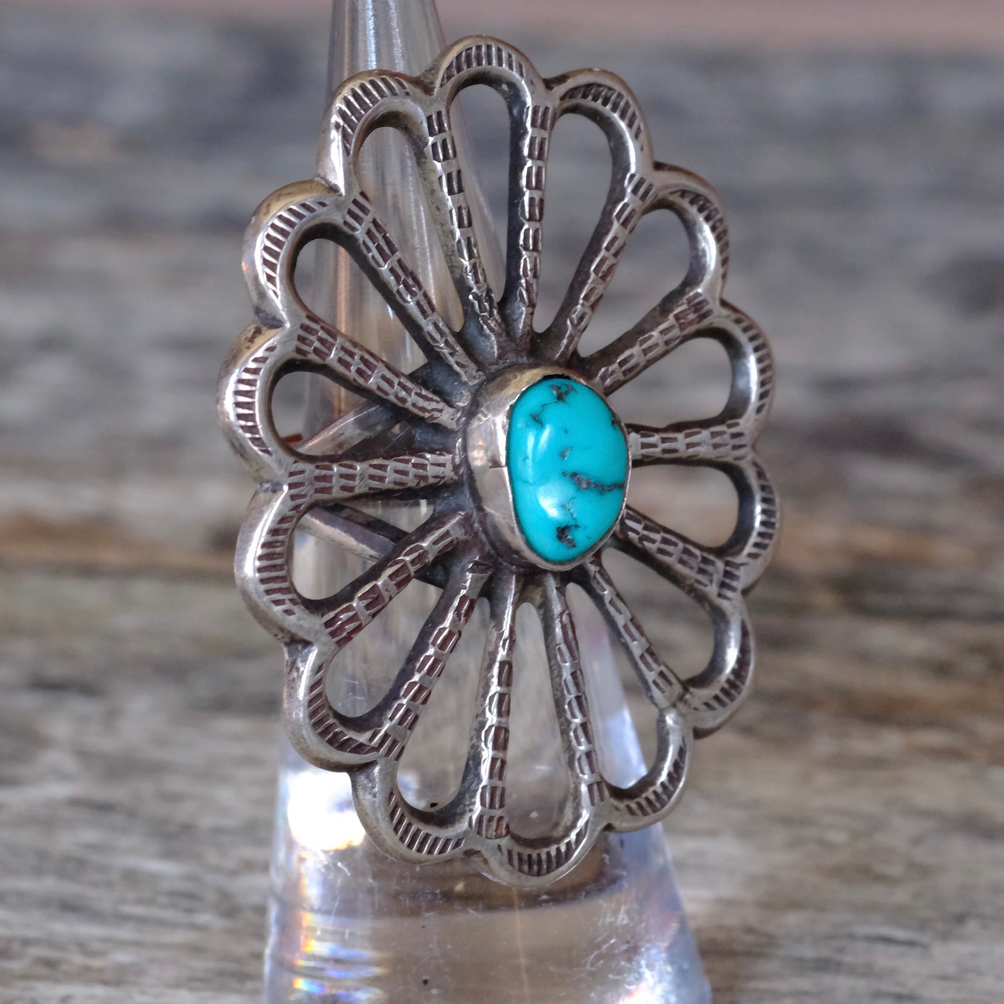 HUGE loop Vintage Sterling Turquoiser Flower Ring 4.25