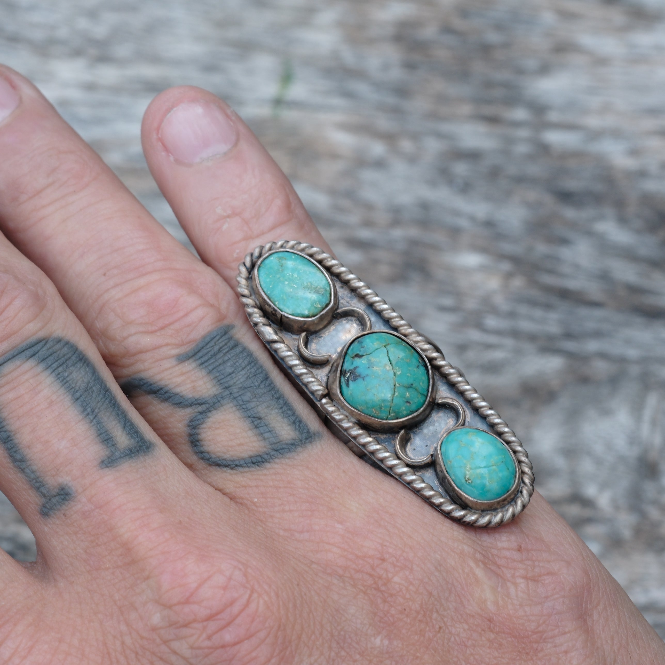 Vintage Sterling 3-Stone Turquoise Ring 7.75
