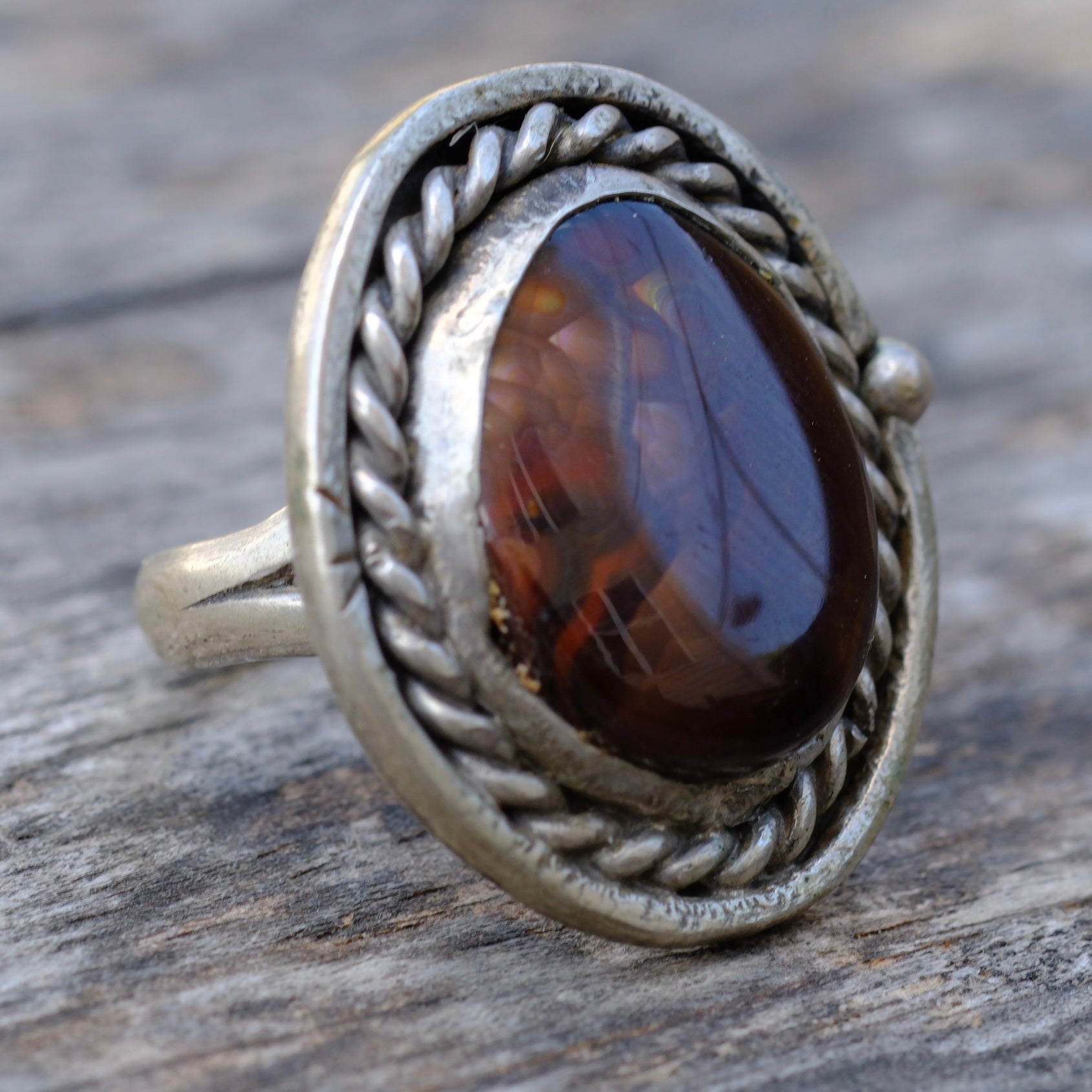 Vintage Sterling Fire Agate Roper Ring 6.75