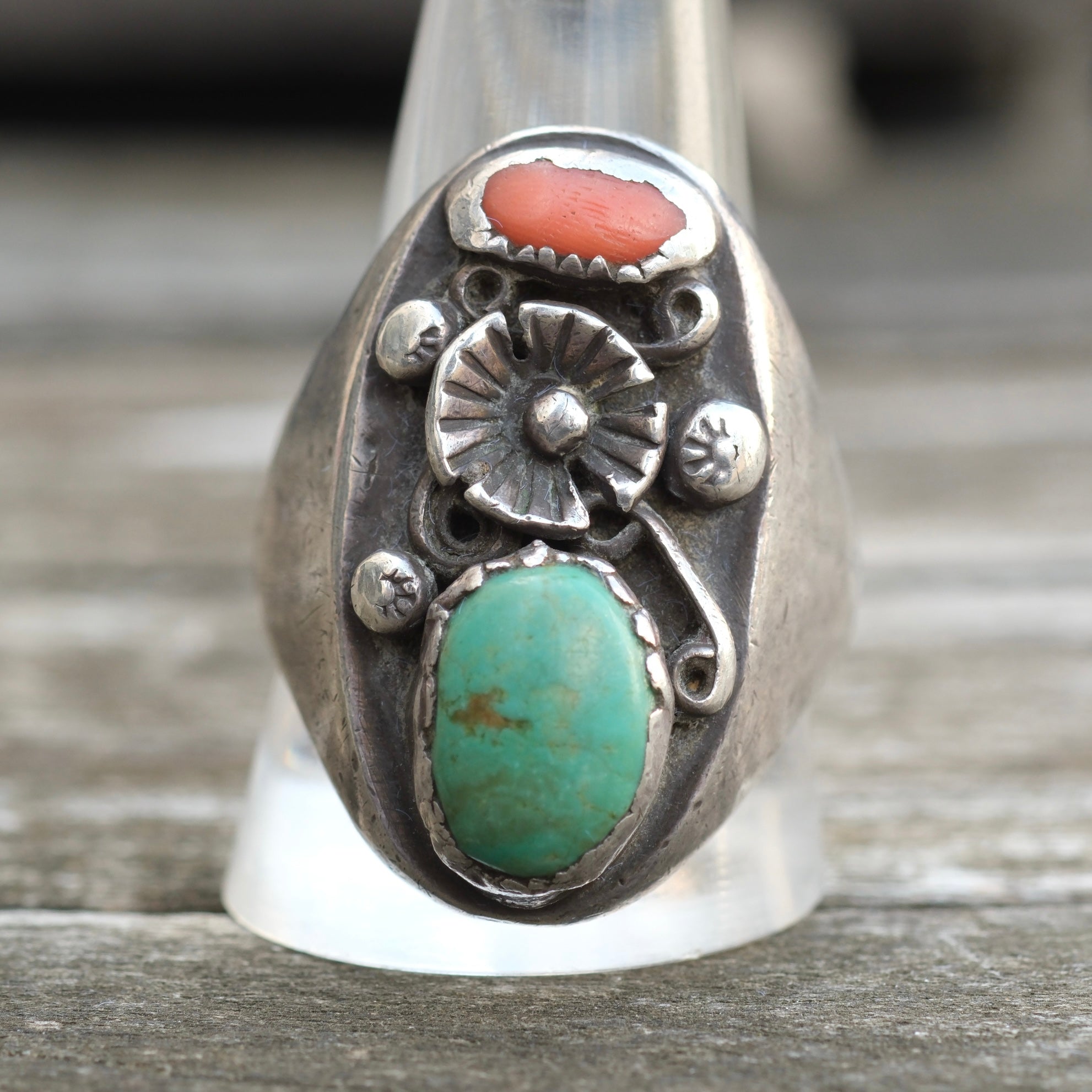 Vintage Sterling Turquoise and Coral Ring 13