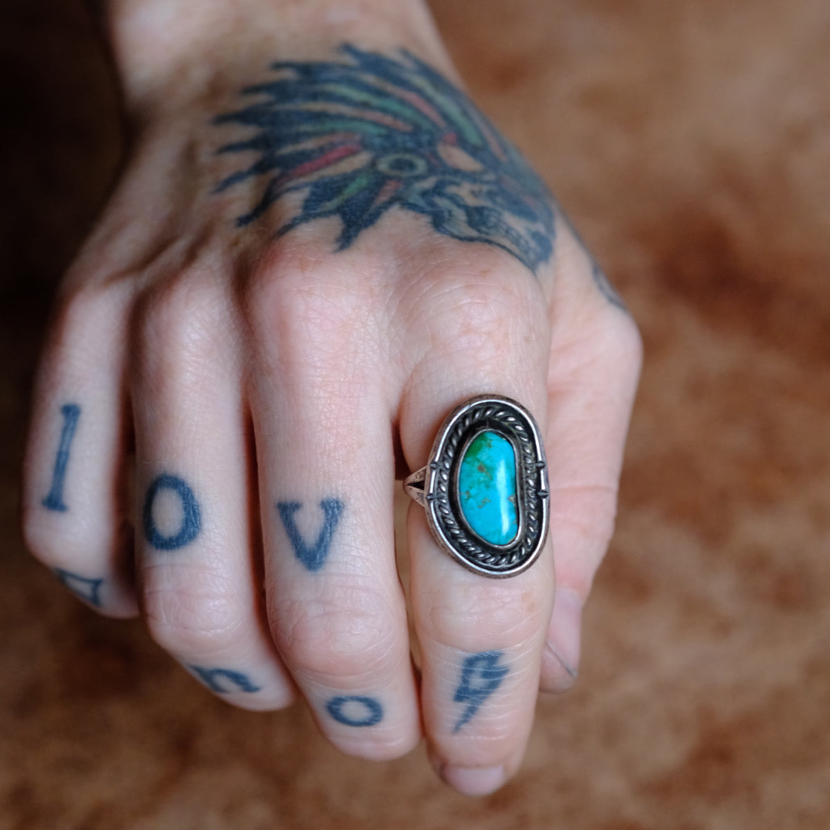 Vintage Sterling Turquoise Roper Ring 7