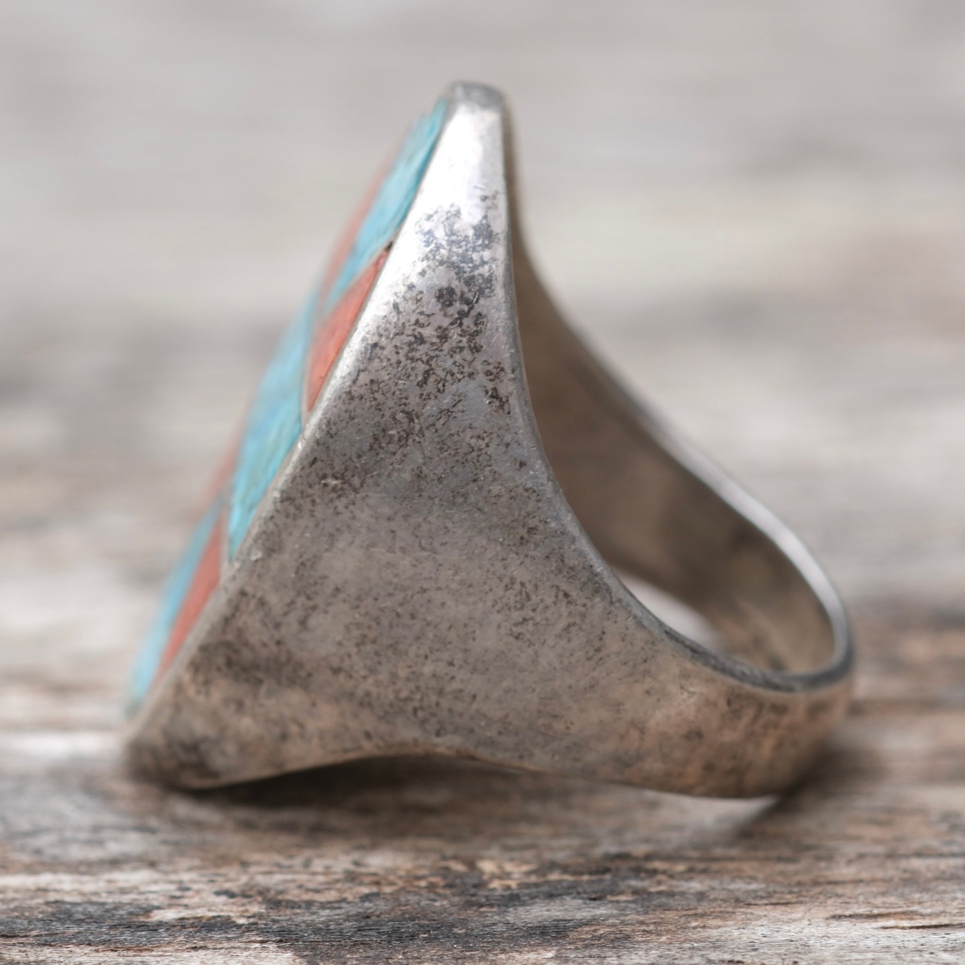Vintage Sterling Turquoise and Coral Inlay Ring 9.75