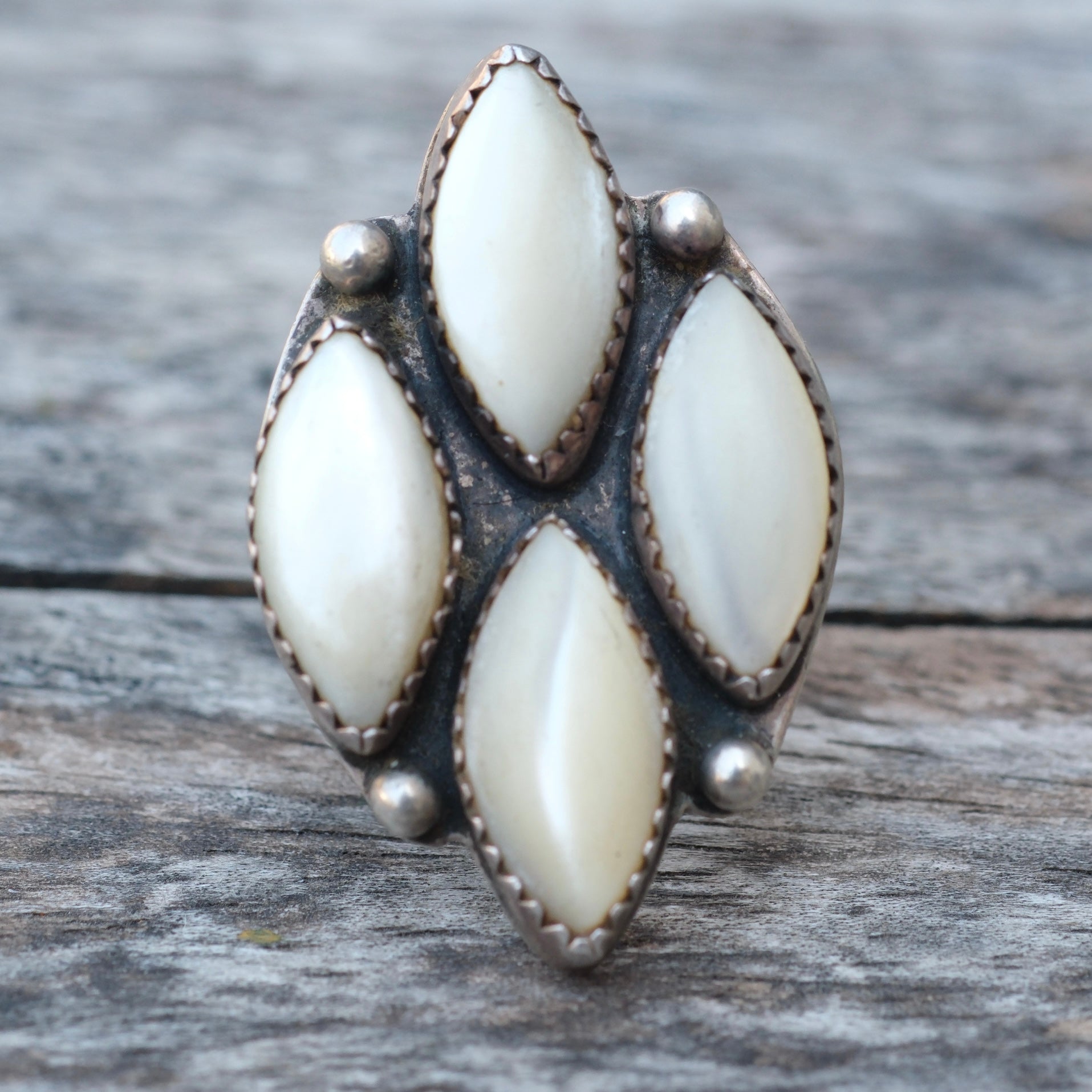 Vintage Sterling Mother Of Pearl Cluster Ring 8.75