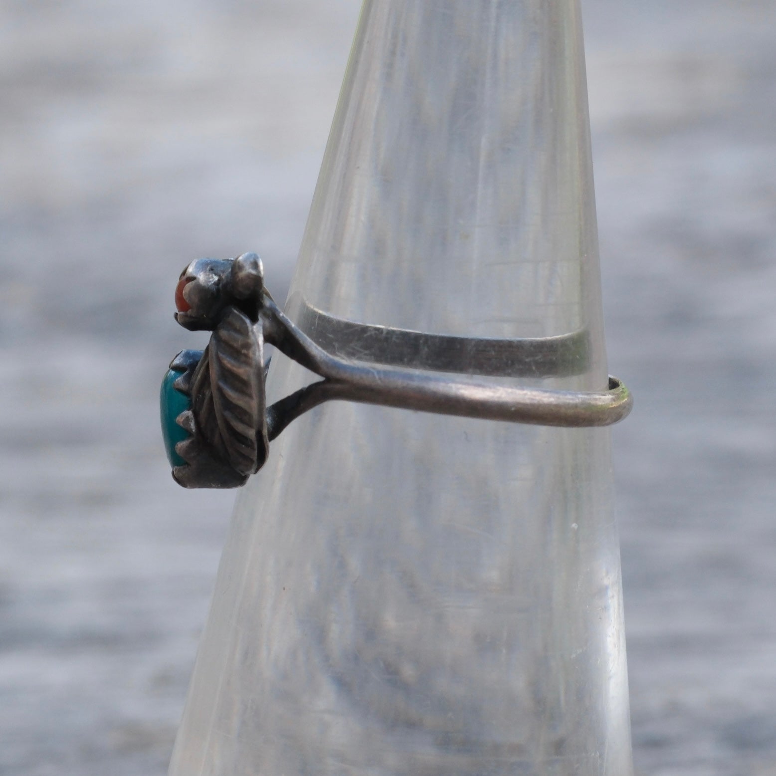 Vintage Sterling Turquoise and Coral Ring 3.75