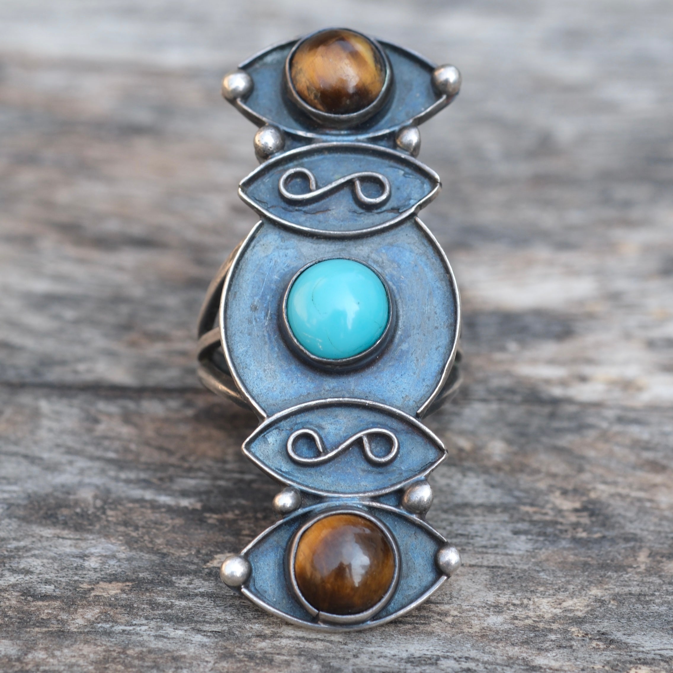Huge Vintage Sterling Turquoise and Tigers Eye Ring 7.5