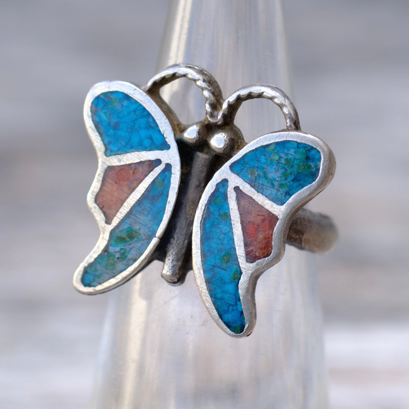 Butterfly-shaped earrings with blue and red inlay on a blurred background