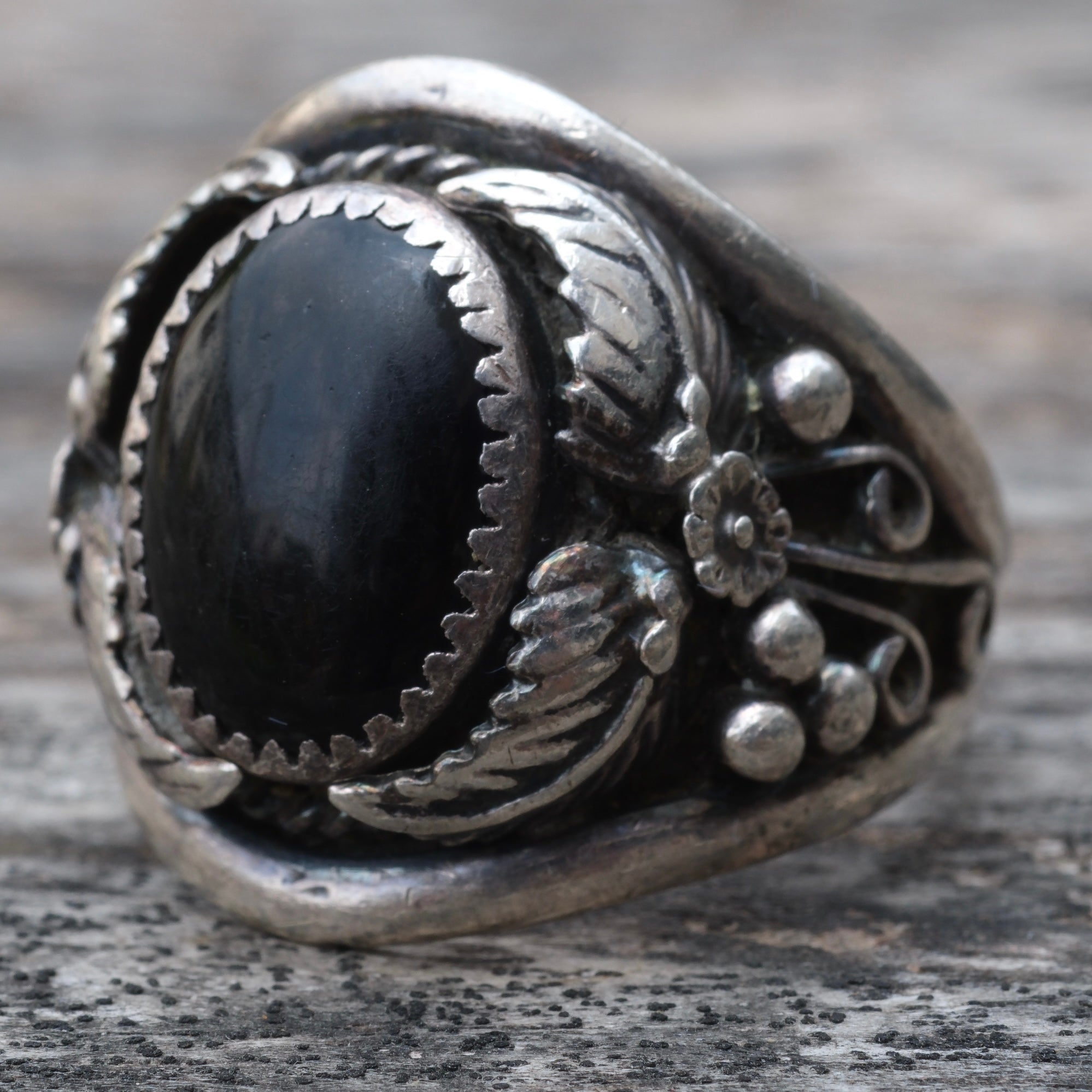 Vintage Sterling Onyx Feather Ring 11