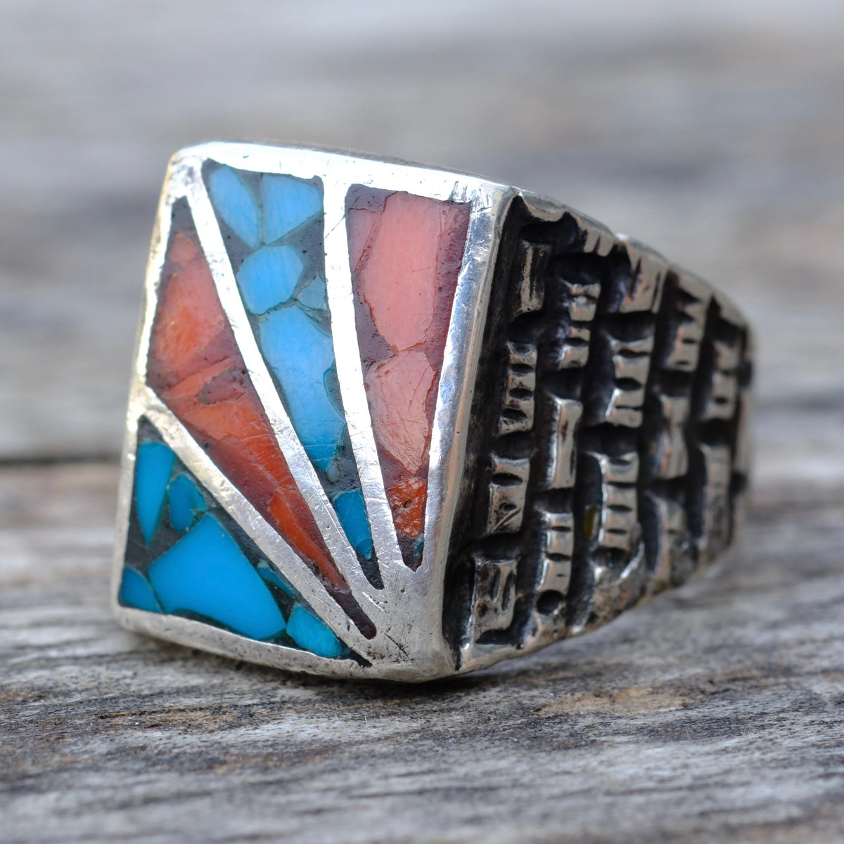 Vintage Sterling Turquoise and Coral Inlay Sunrise Ring 10