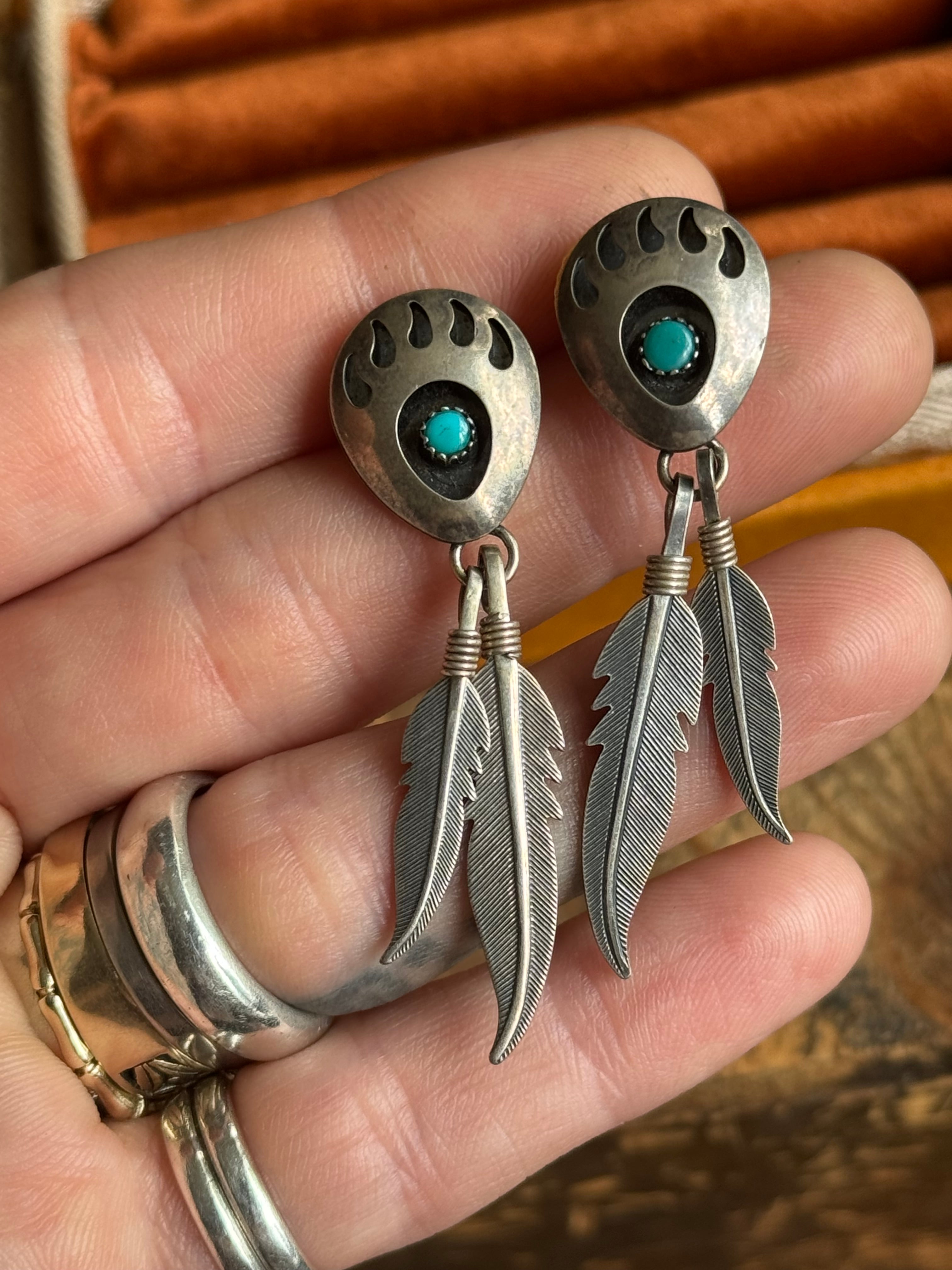 Vintage Sterling Silver Turquoise Bear Claw Feather Earrings