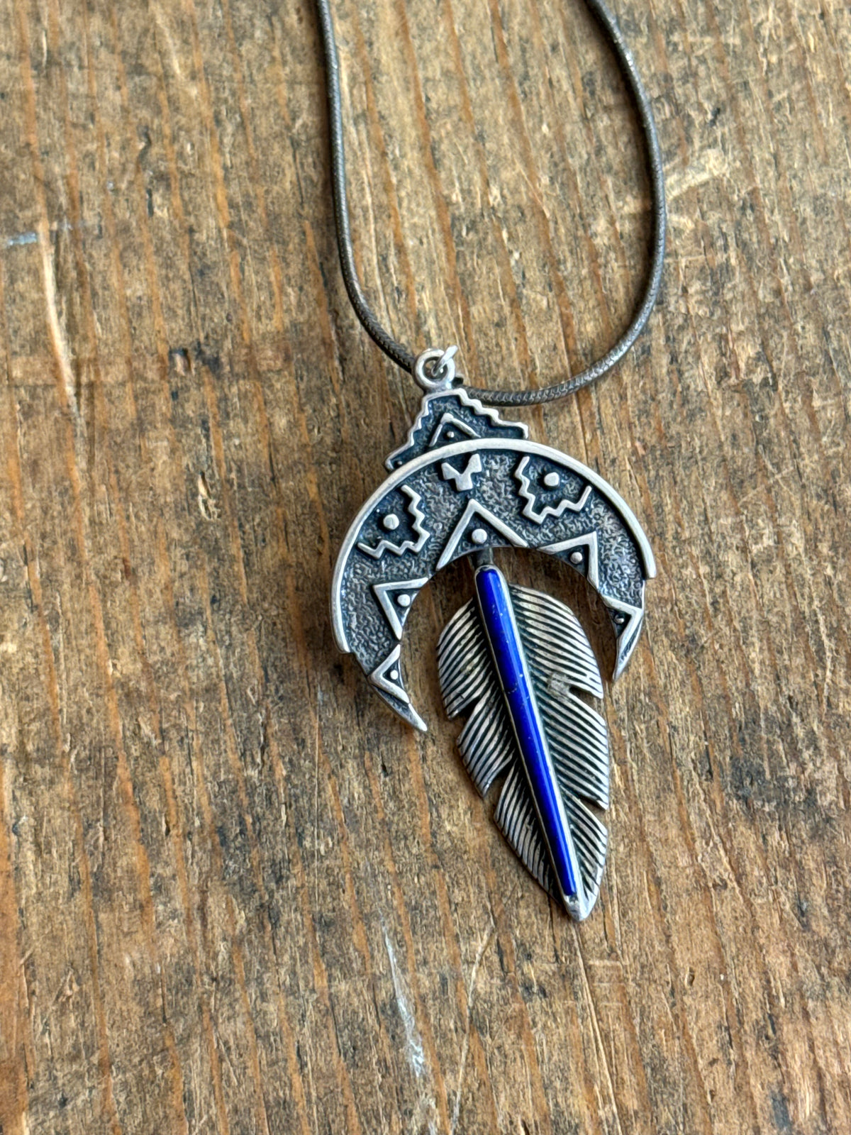 Vintage Sterling Silver Lapis Crescent Leaf Necklace