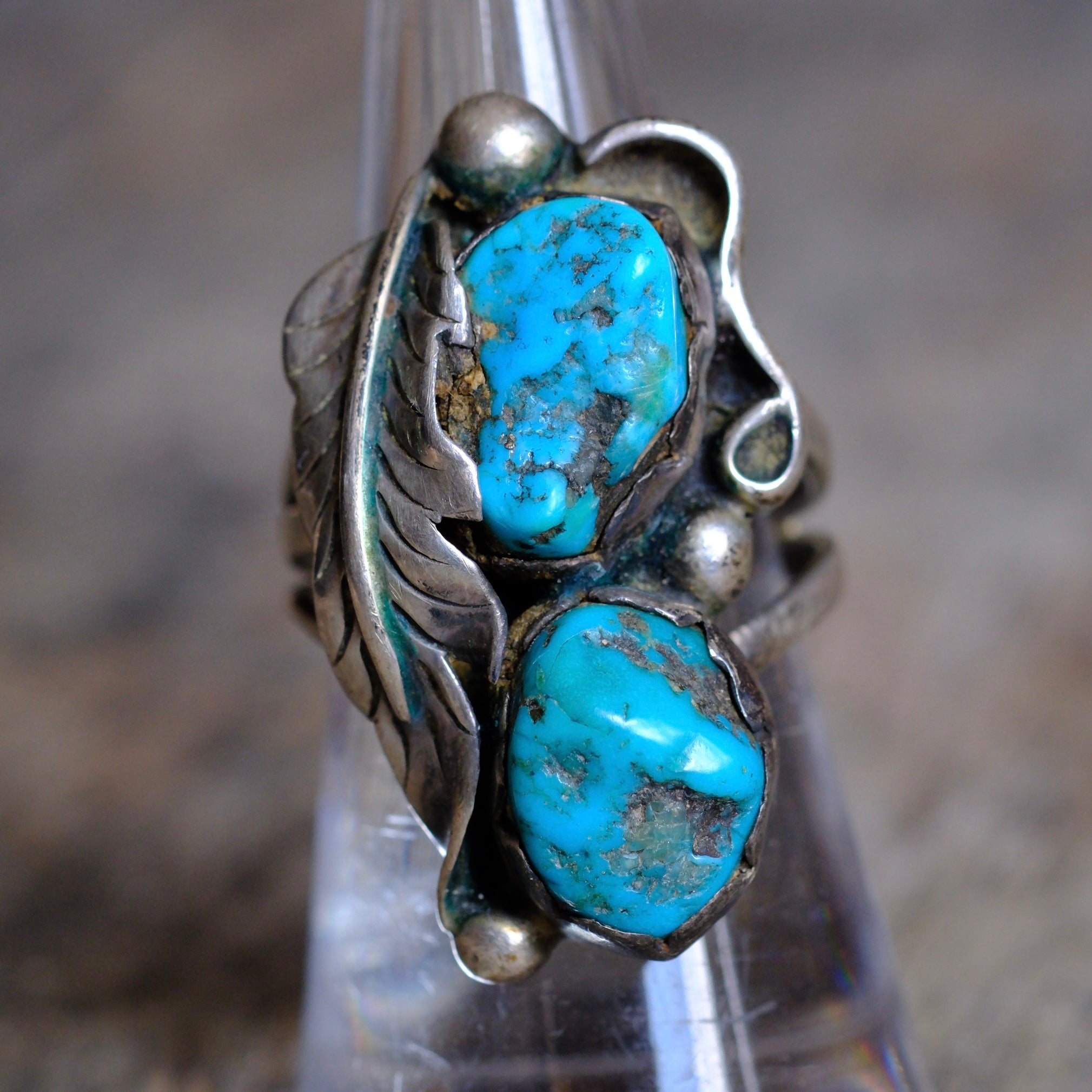 Vintage Sterling 2-Stone Turquoise Feather Ring 7.5