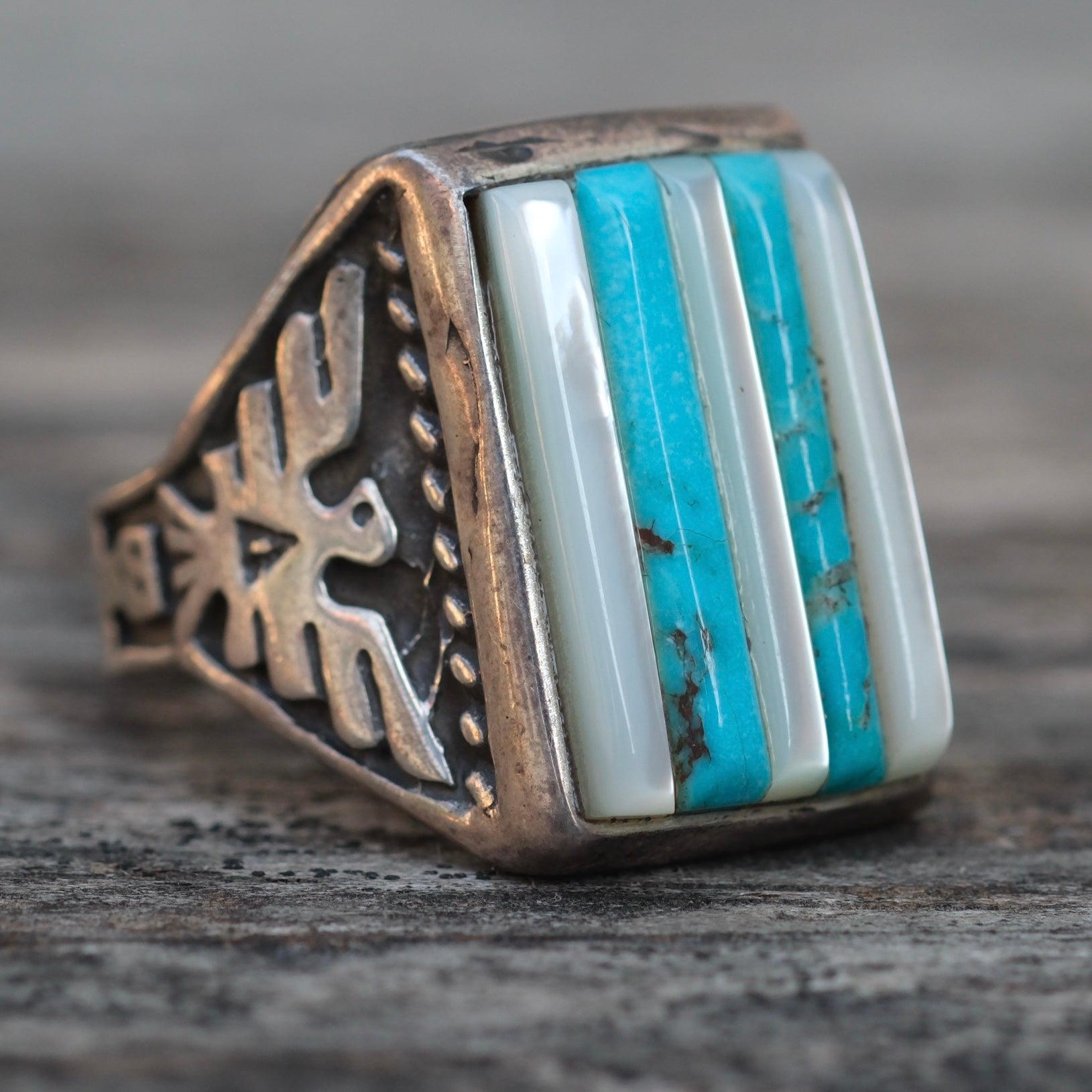 Vintage Sterling Turquoise and Mother Of Pearl Row Inlay Thunderbird Ring 10.25