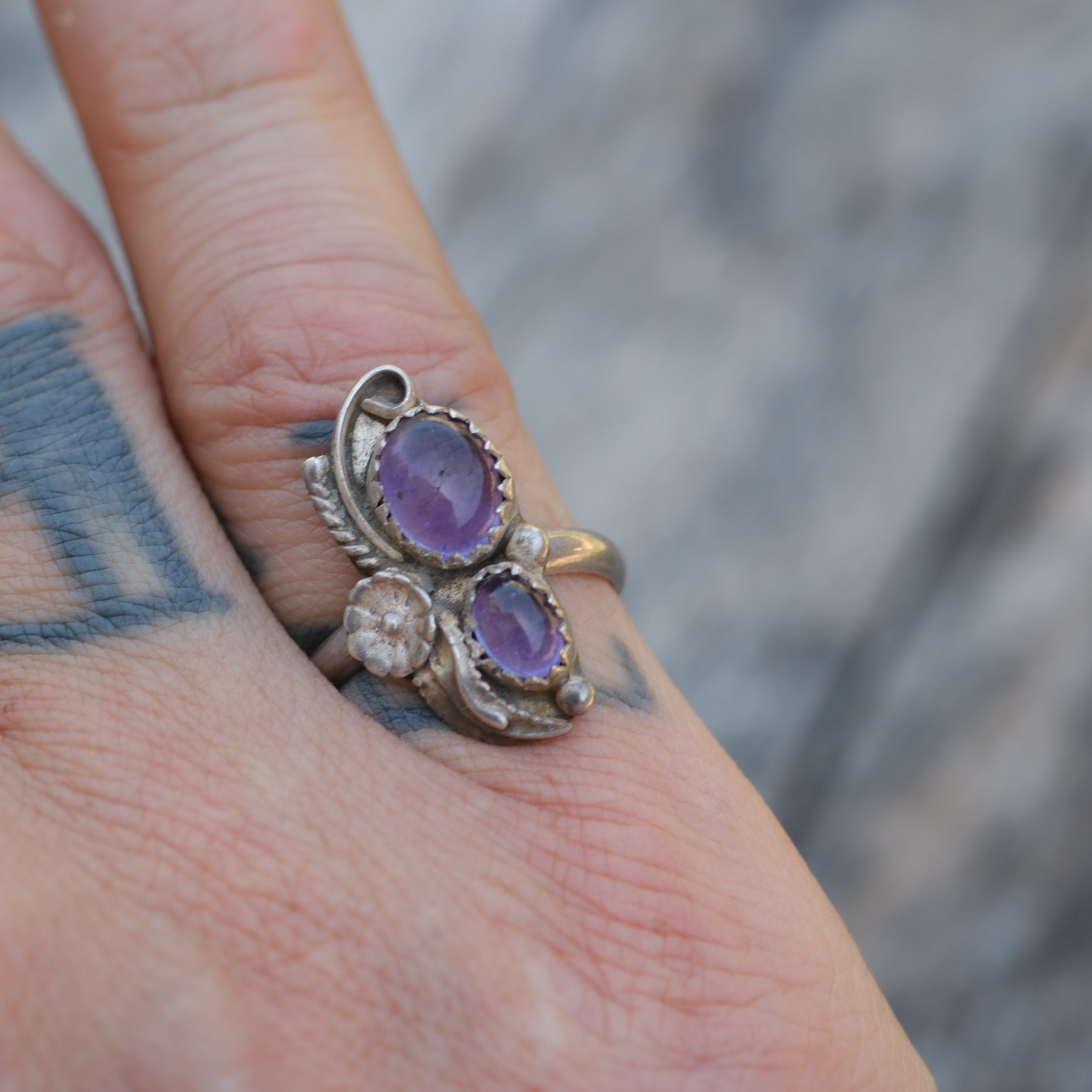 Vintage Sterling Amethyst Blossom Ring 6.5