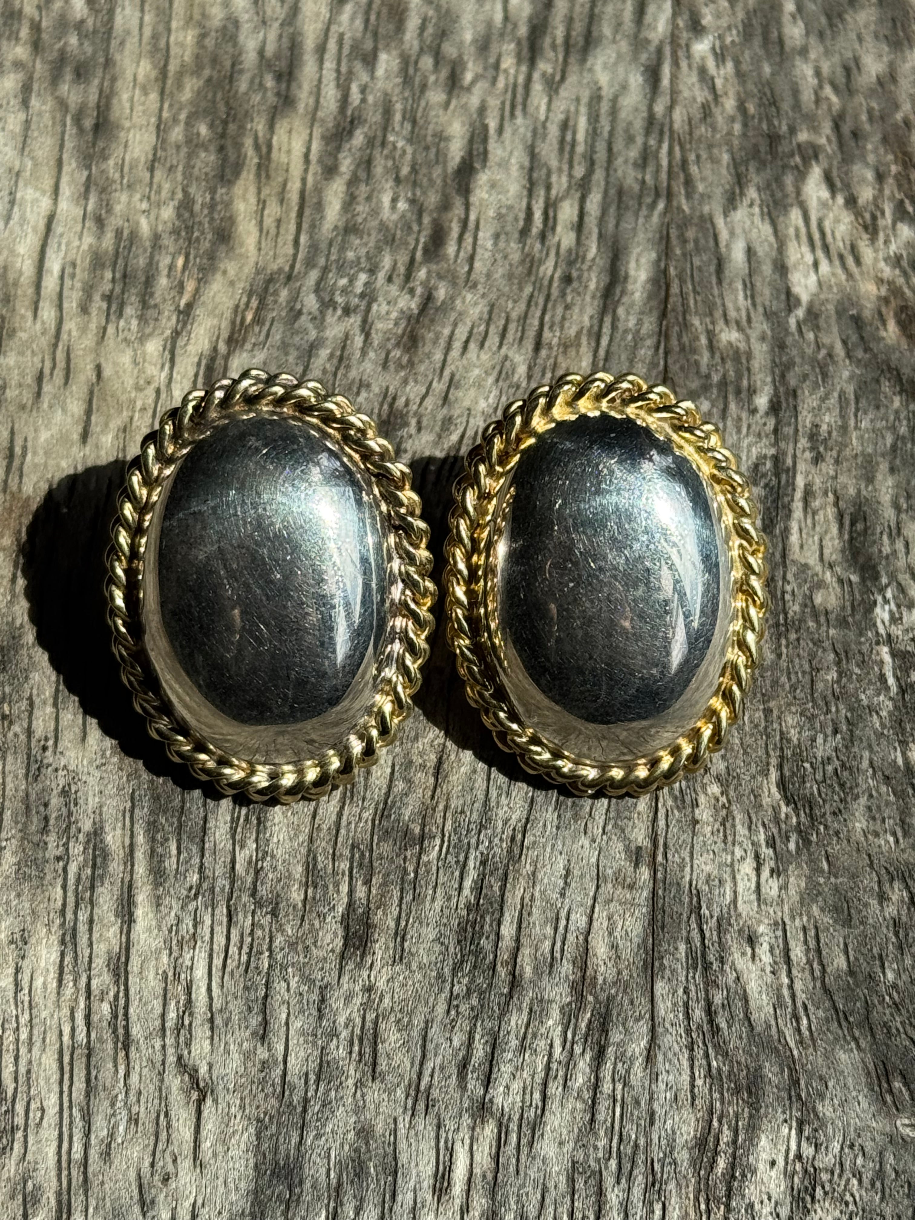 Vintage Sterling Silver Domed Gold-Tone Roped Earrings