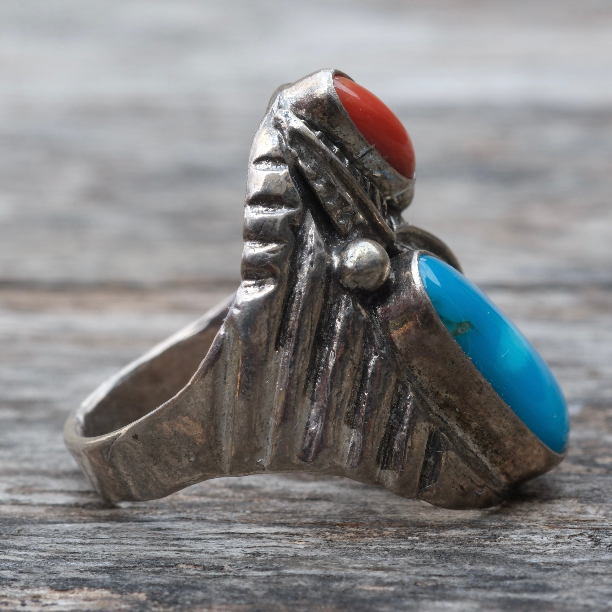 Vintage Sterling Turquoise and Coral Ring 9.75