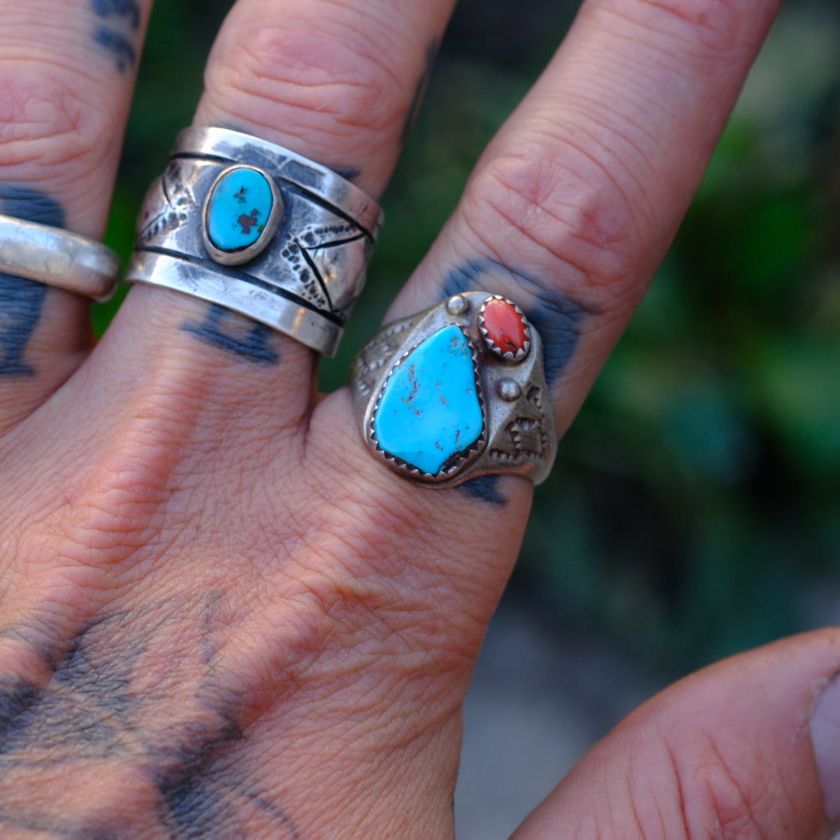 Vintage Sterling Turquoise and Coral Stamped Band Ring 10.25