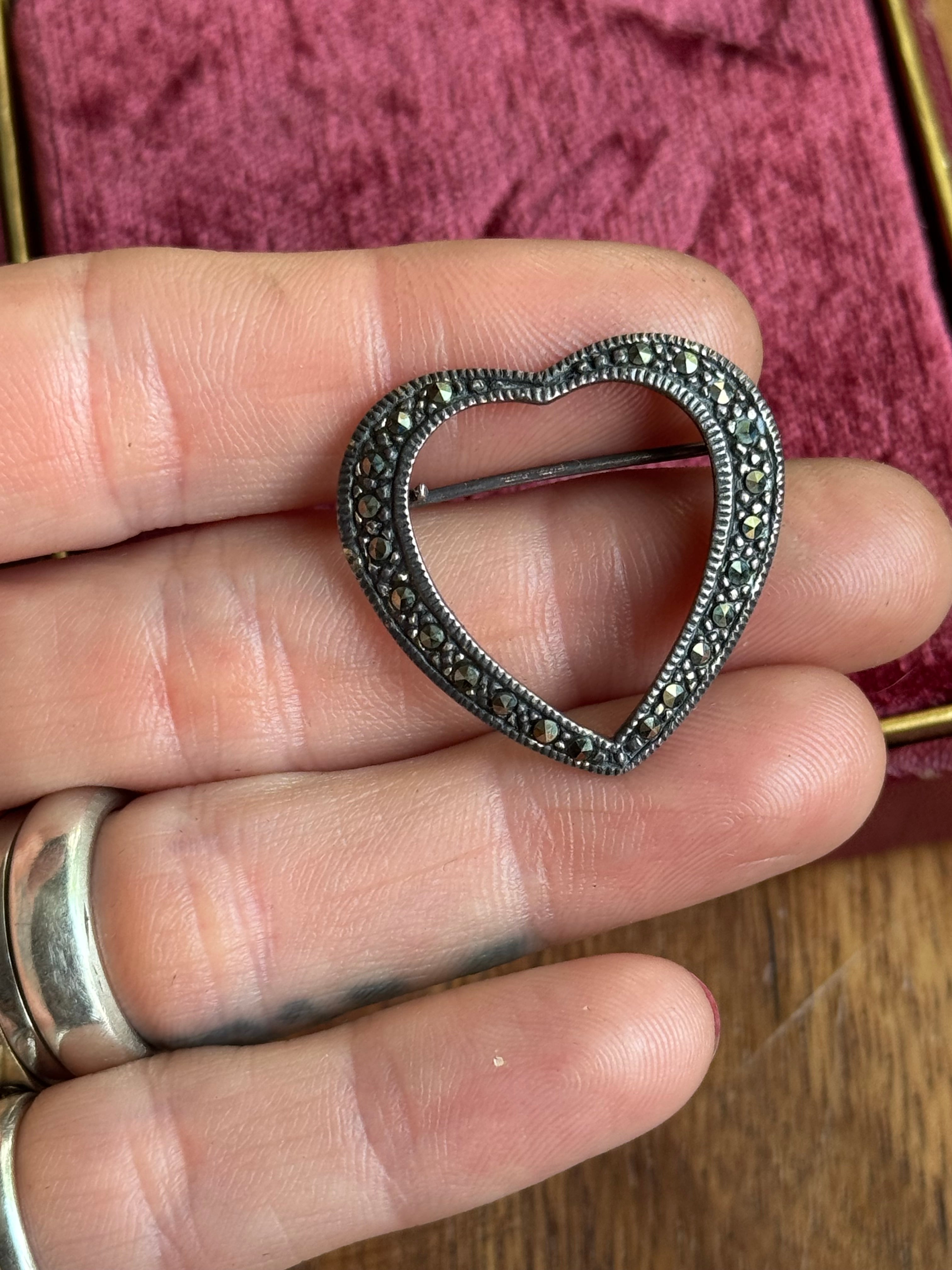 Vintage Sterling Silver Marcasite Heart Pin
