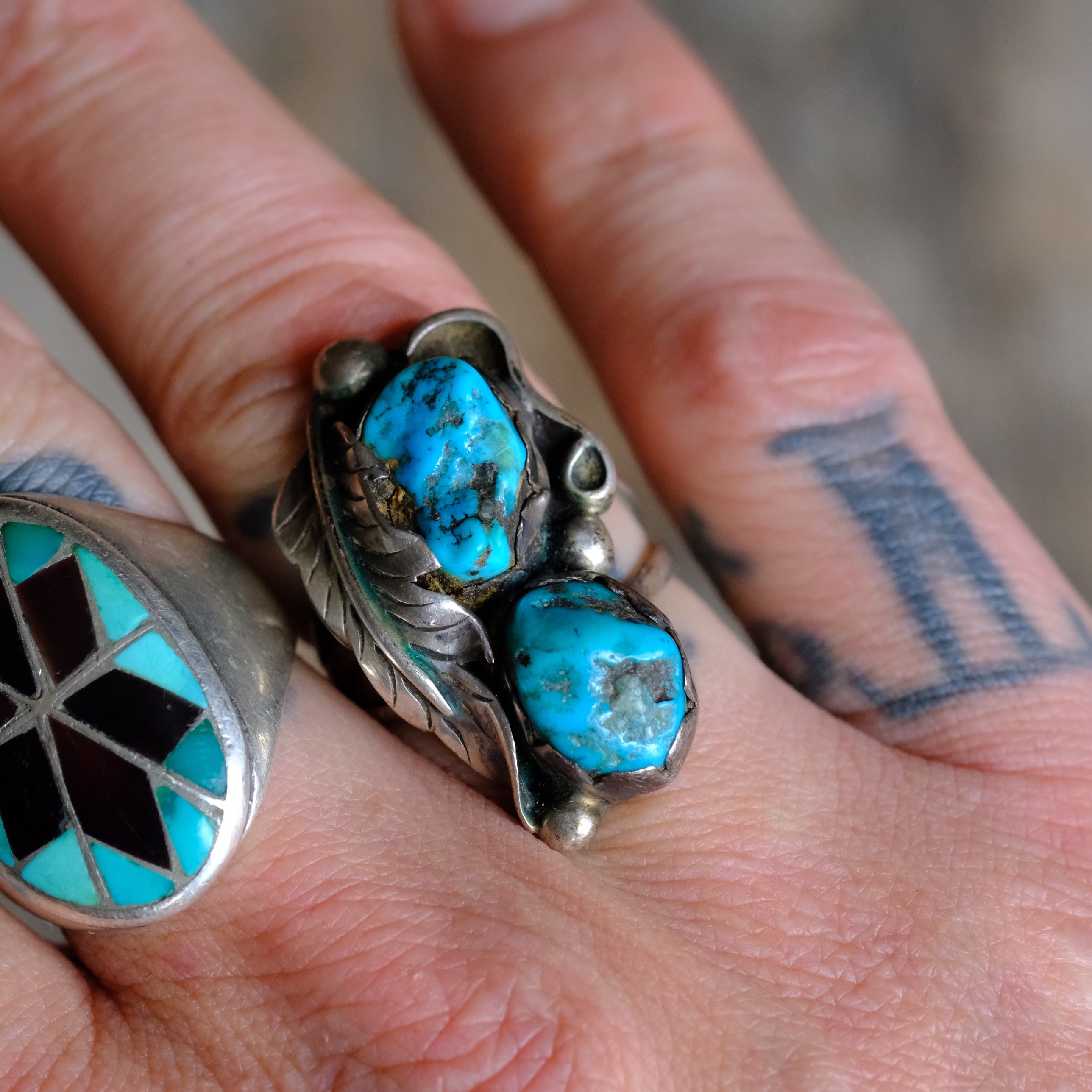 Vintage Sterling 2-Stone Turquoise Feather Ring 7.5