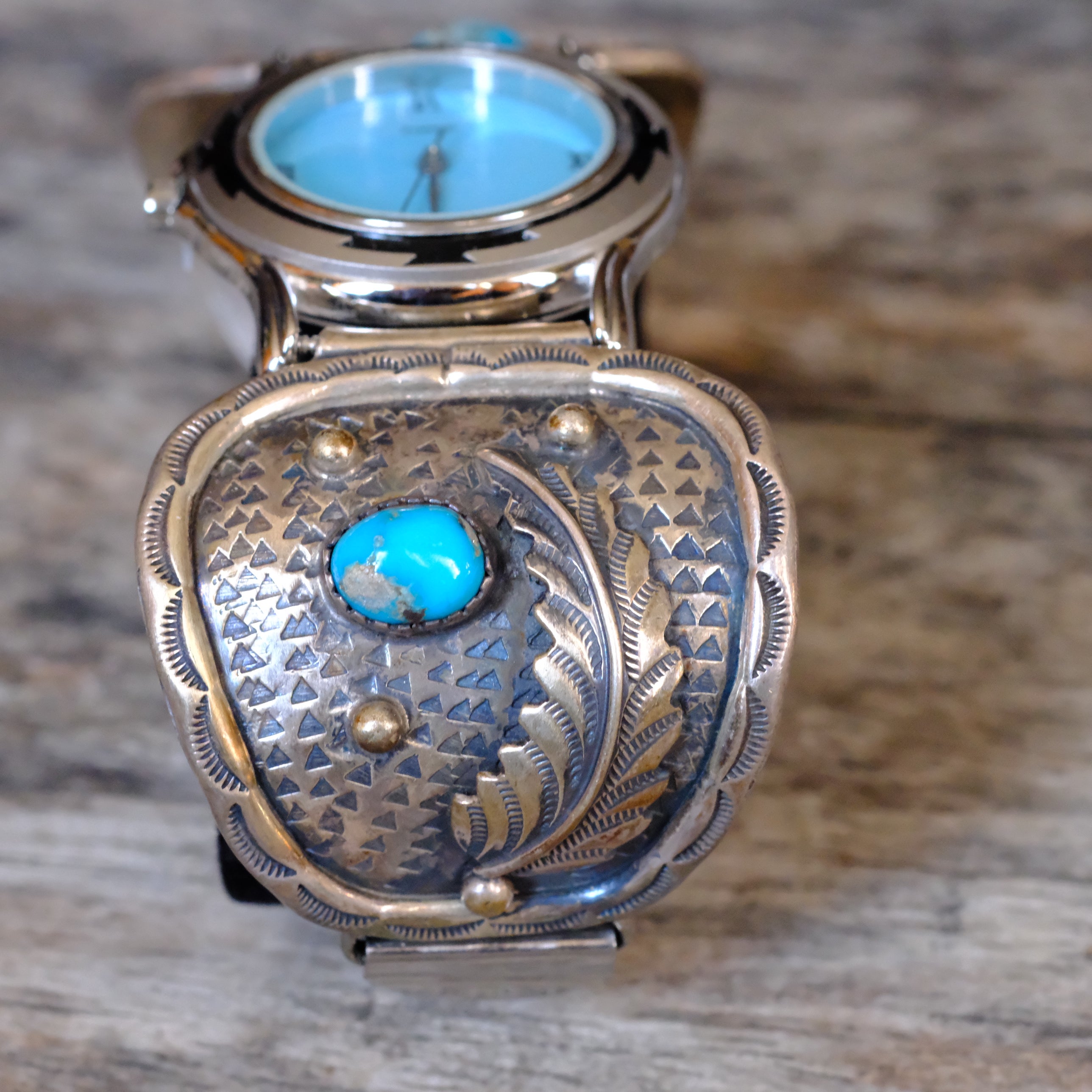 Vintage Sterling Turquoise Feather Watch With Turquoise Dial