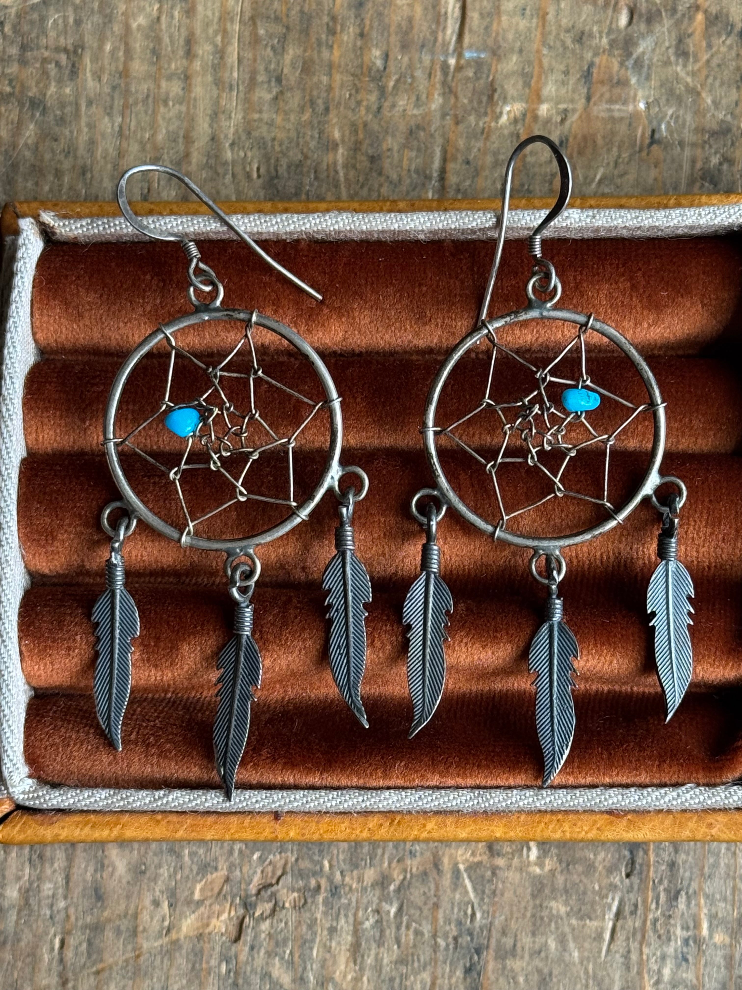 Vintage Sterling Silver Turquoise Dreamcatcher Earrings