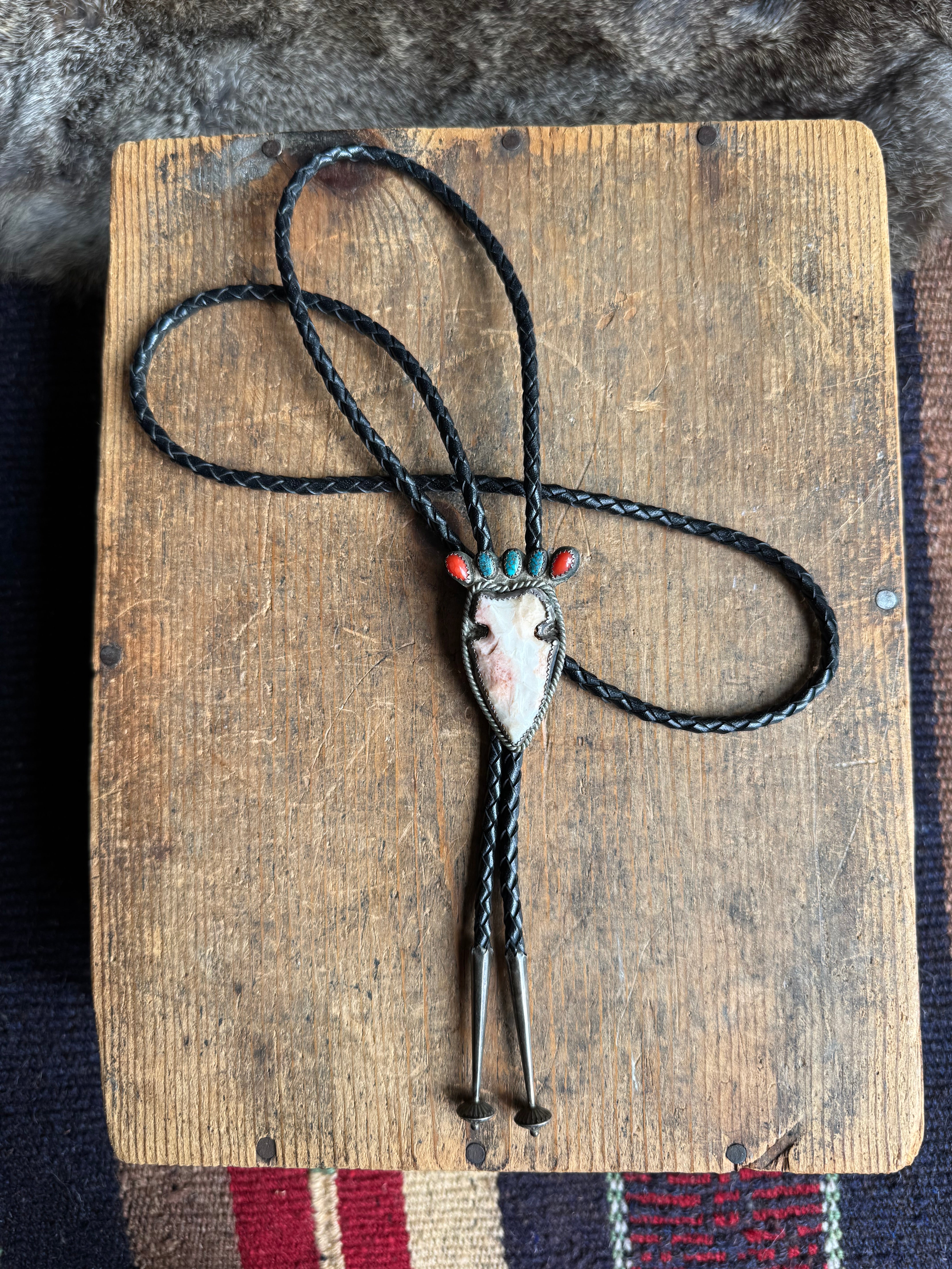 Vintage Sterling Silver Turquoise & Coral Arrowhead Bolo
