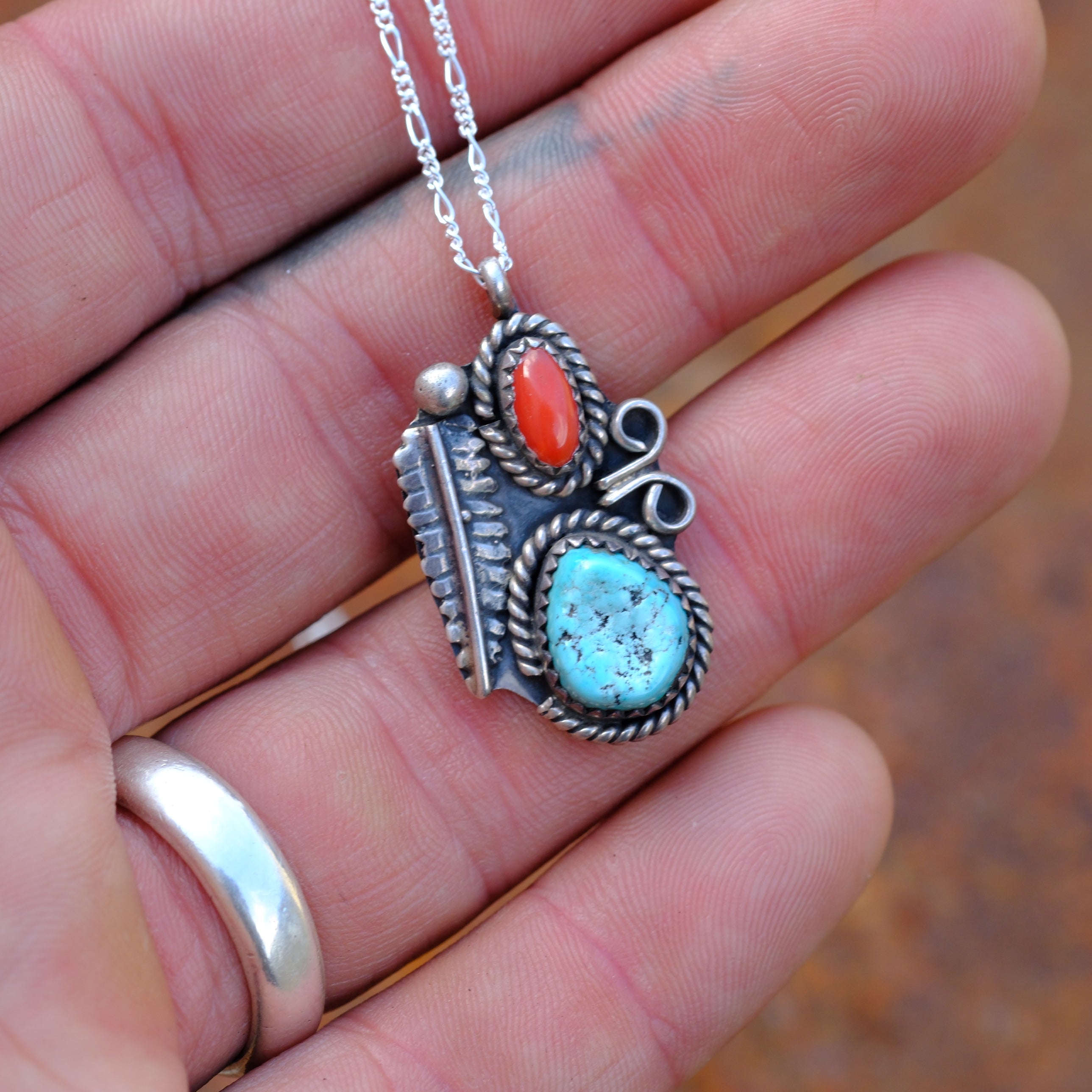 Vintage Sterling Silver Turquoise & Coral Feather Necklace