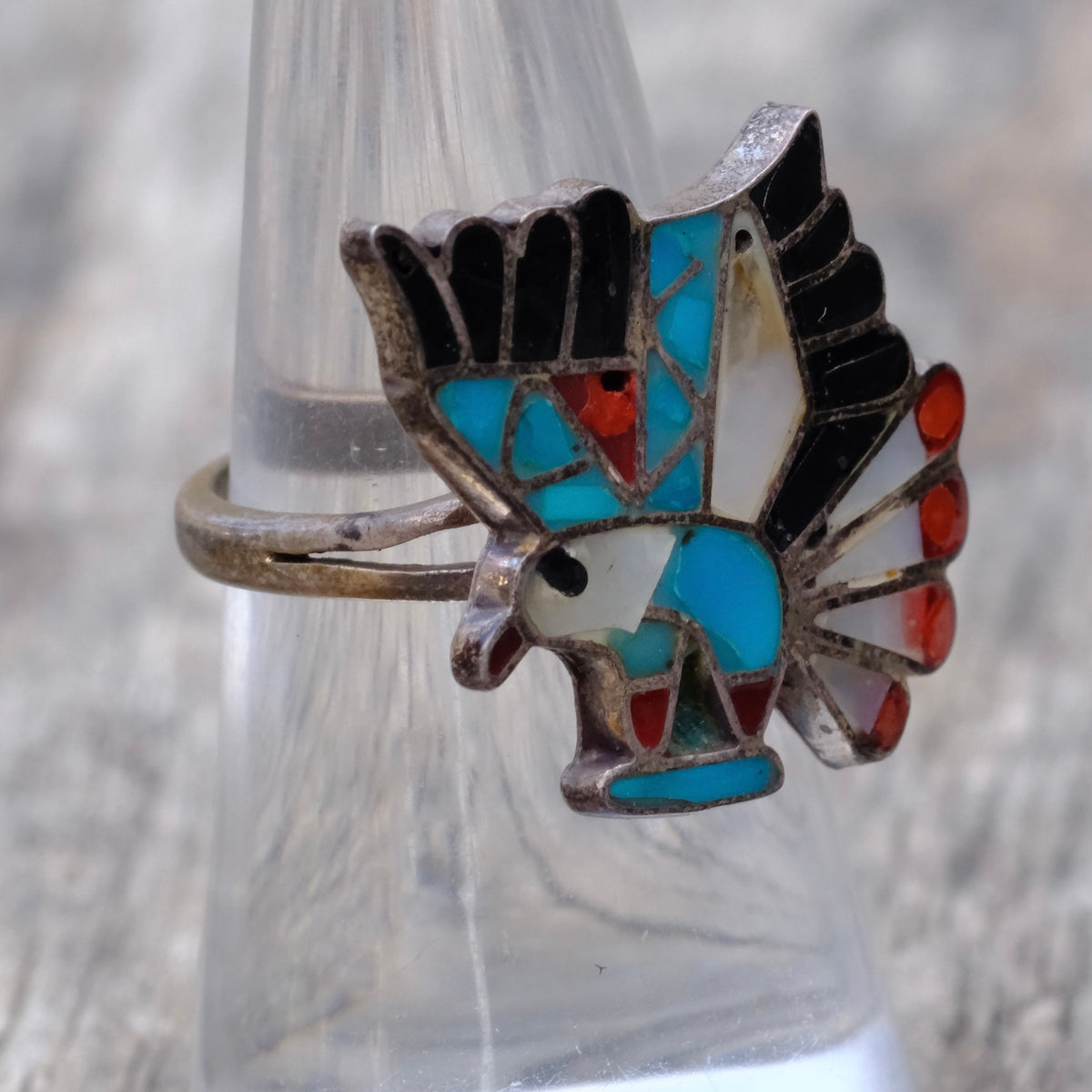 Vintage Sterling Multi Stone Inlay Eagle Ring 6.75